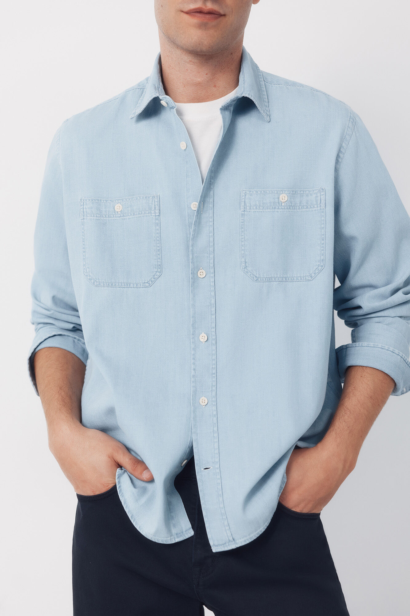 Cortefiel Camisa vaquera chambray manga larga&nbsp; Azul