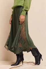 Slowlove Falda larga satinada con encaje Verde oscuro