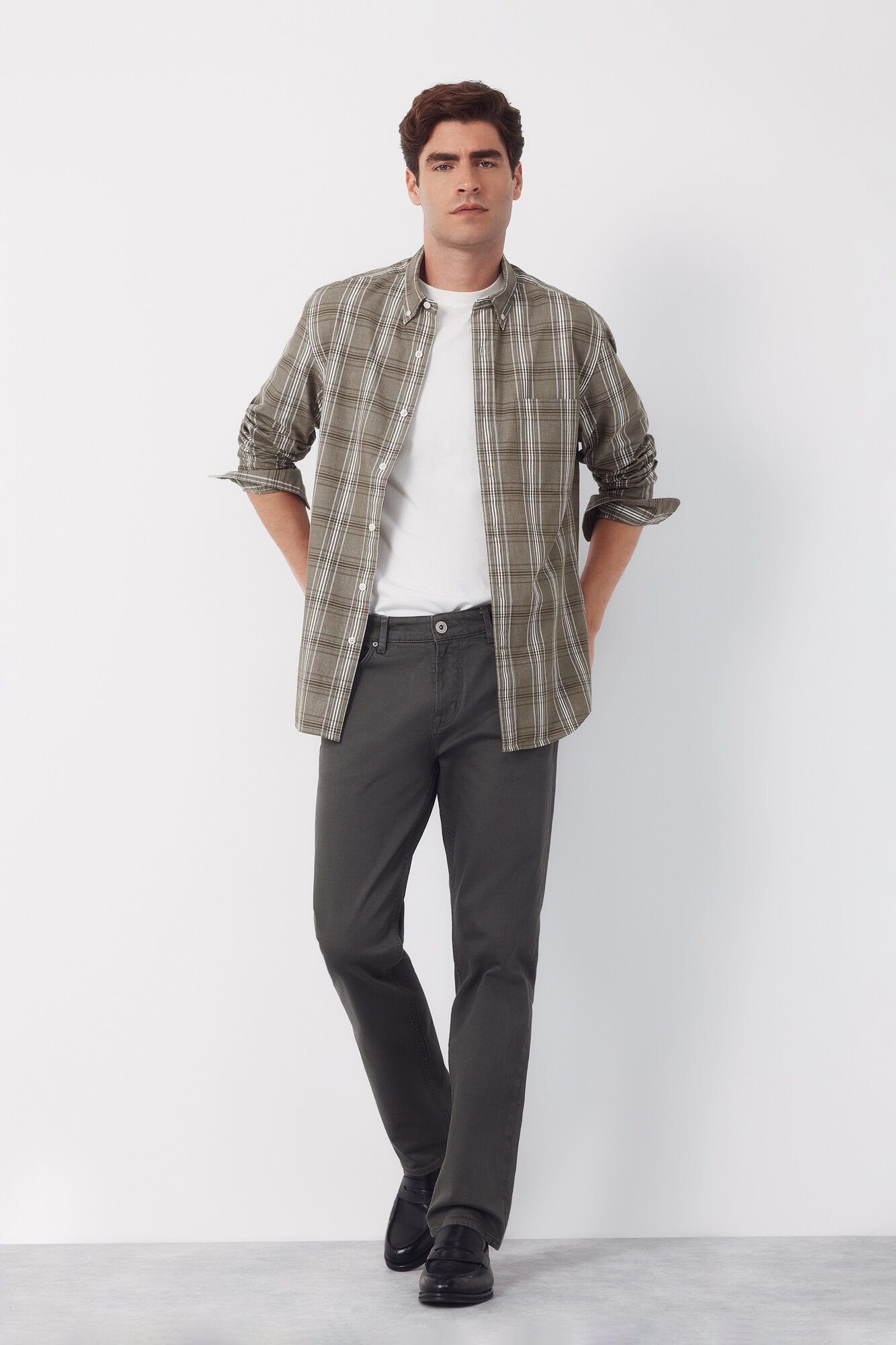 Cortefiel Camisa popel&iacute;n cuadros Kaki
