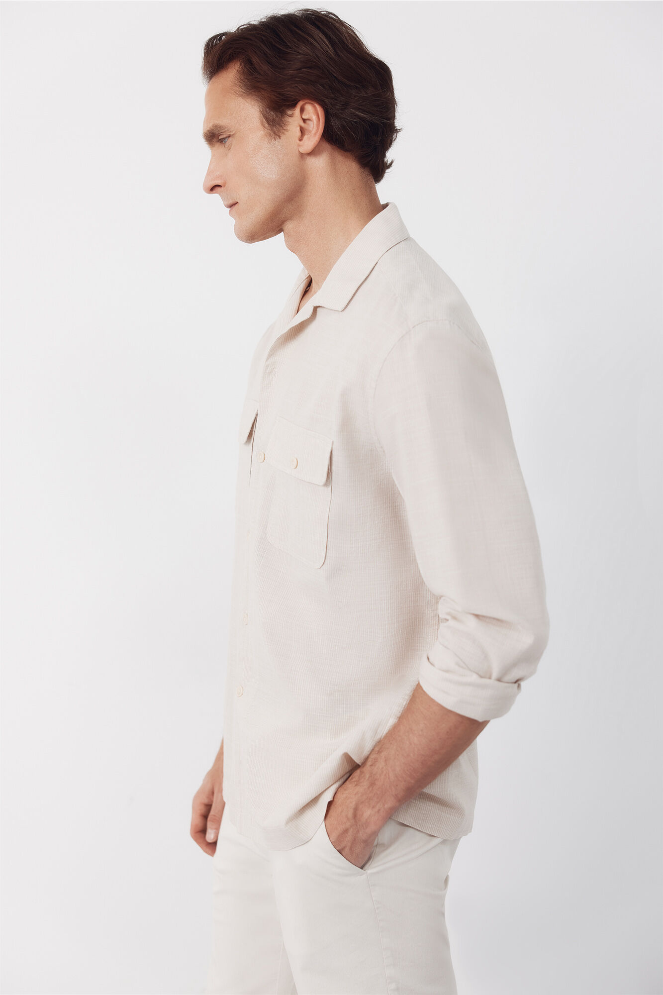 Cortefiel Camisa cuello bowling manga larga Beige