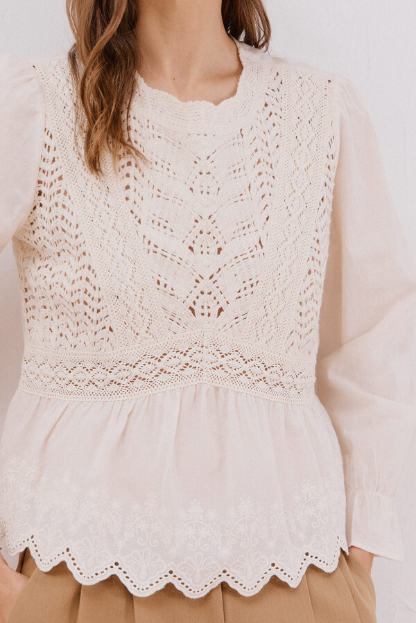 Cortefiel Top combinado crochet Marfil