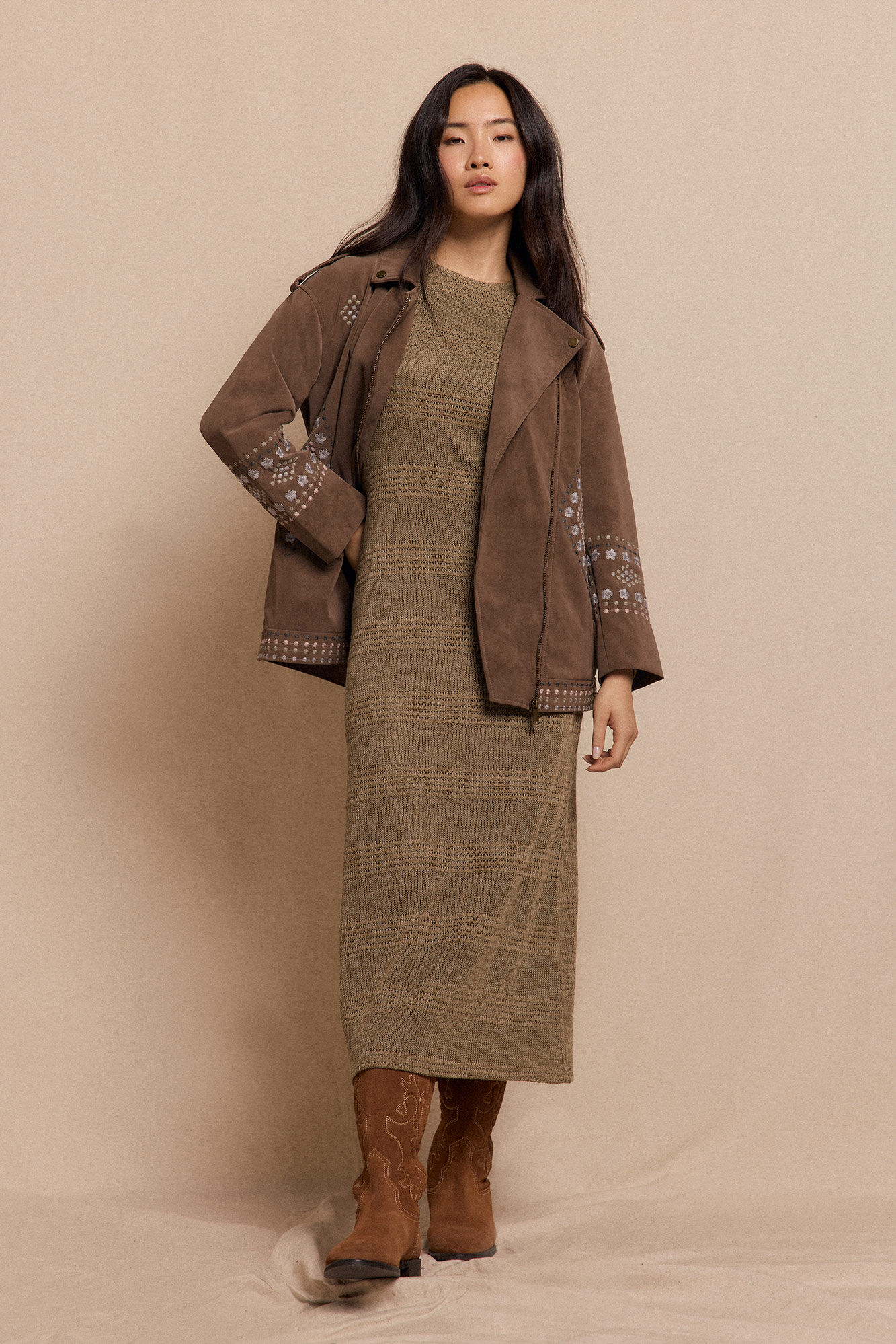 Slowlove Cazadora biker efecto piel bordada Beige