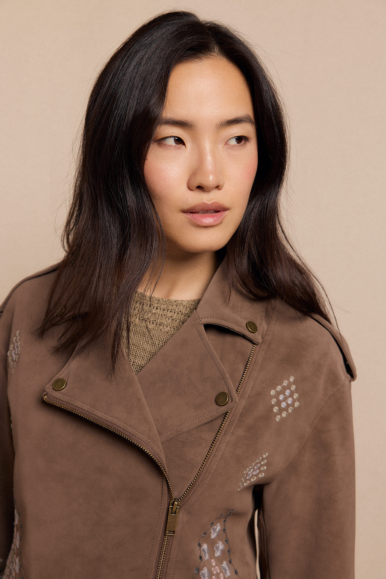 Slowlove Cazadora biker efecto piel bordada Beige