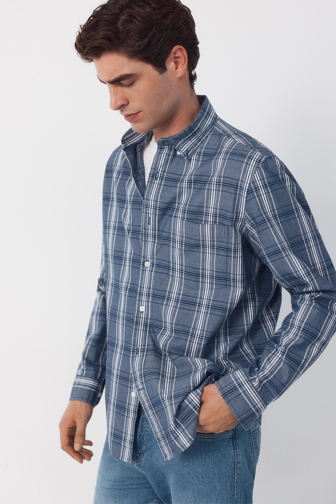 Cortefiel Camisa popel&iacute;n cuadros Azul marino