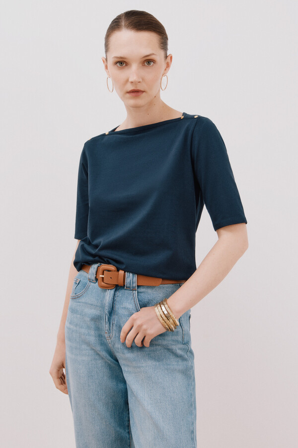 Cortefiel Playera básica escote barco Azul marino