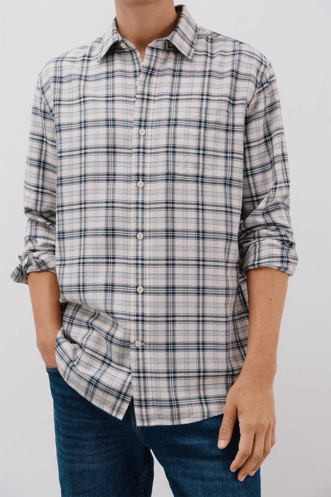 Cortefiel Camisa cuadros Tencel Marfil