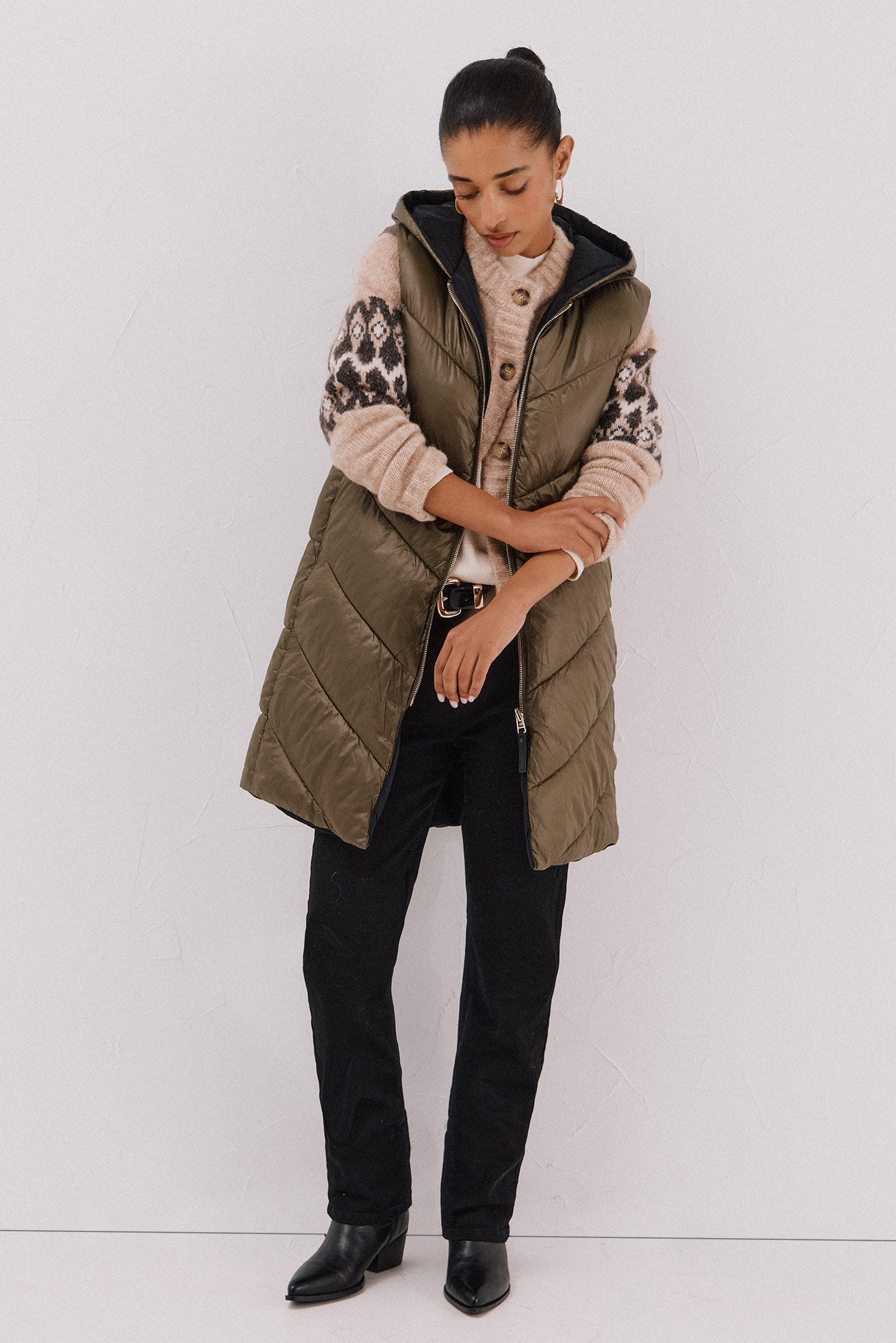 Cortefiel Chaleco largo reversible Kaki