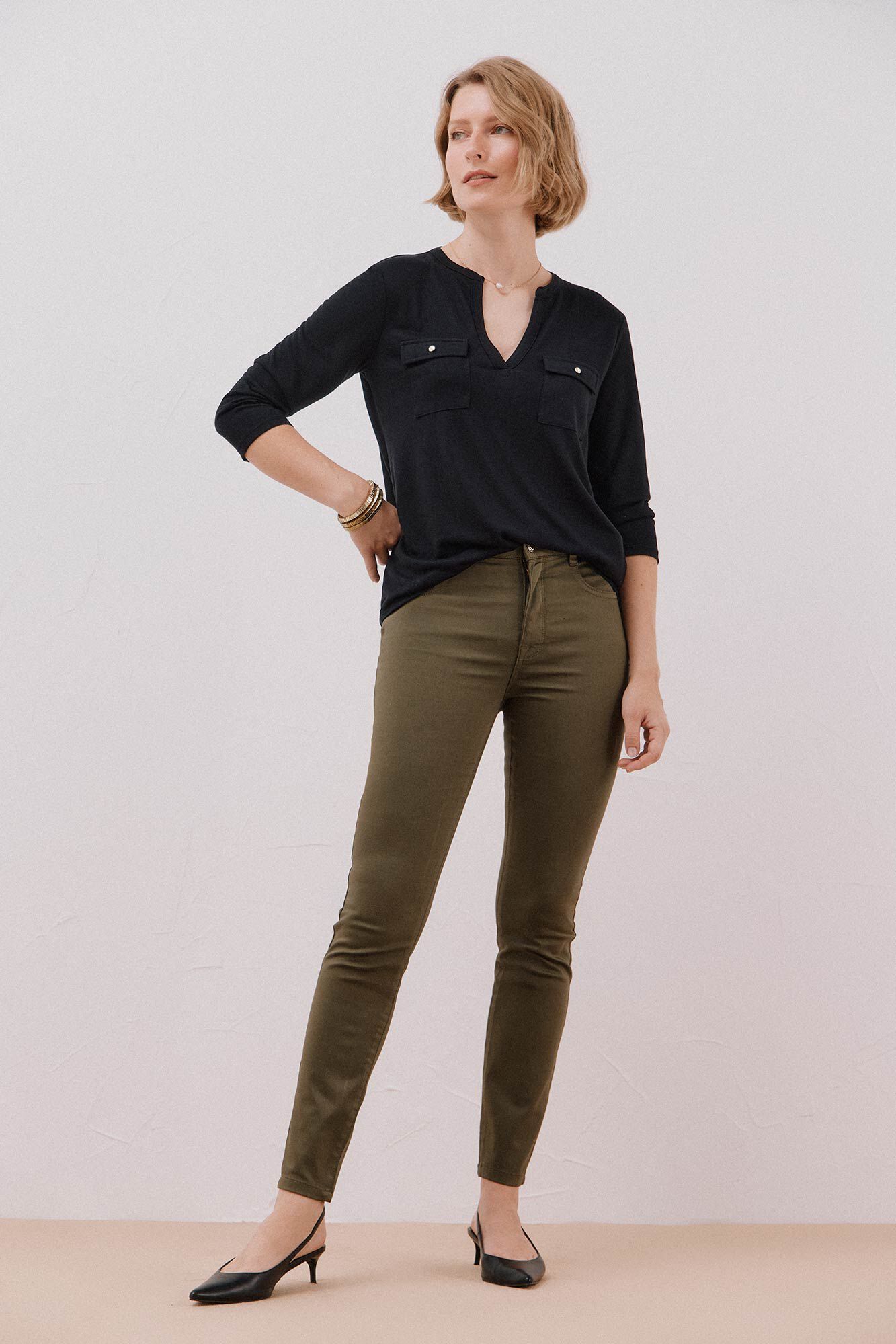 Cortefiel Playera cuello mao efecto lino Negro