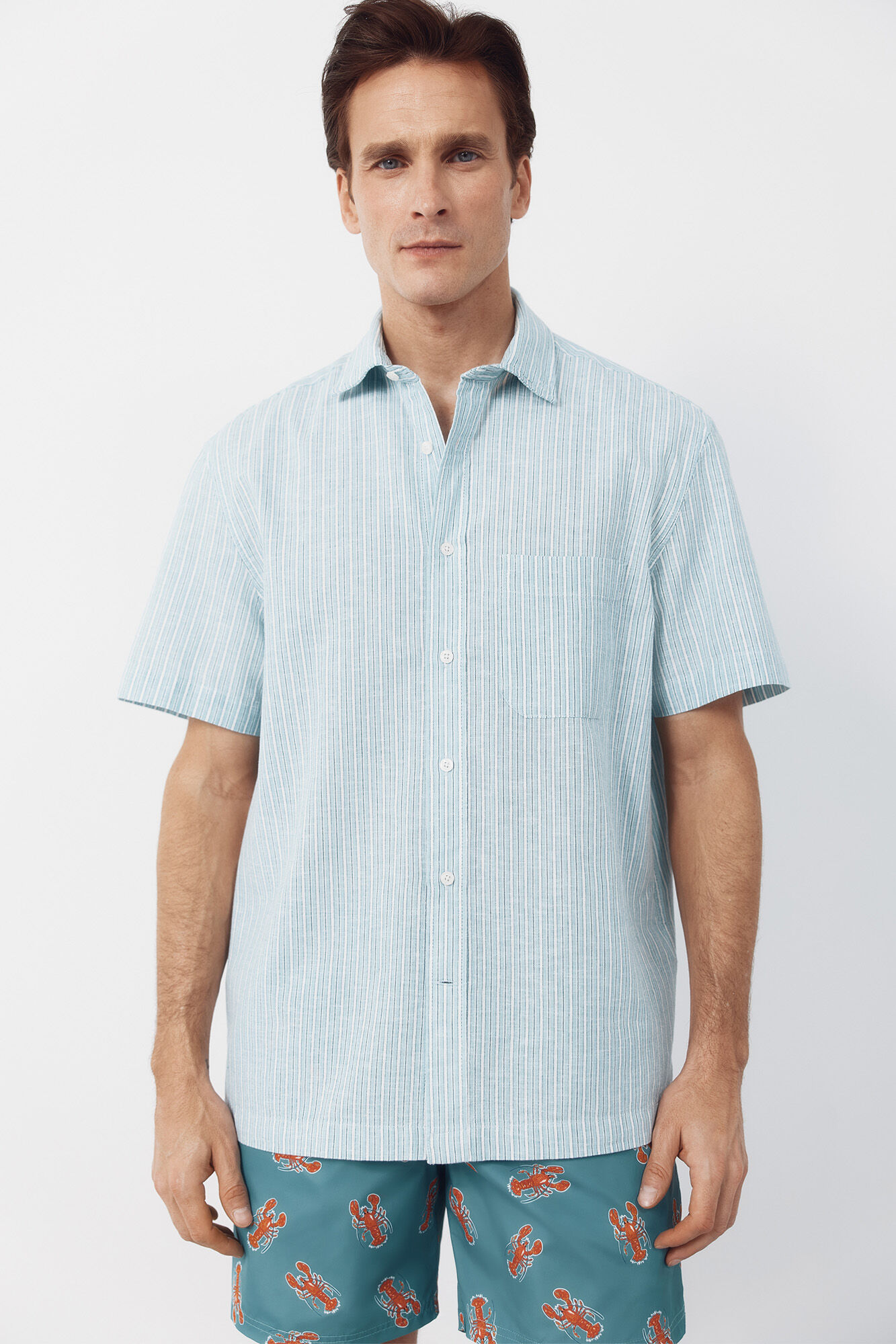 Cortefiel Camisa algod&oacute;n lino rayas manga corta