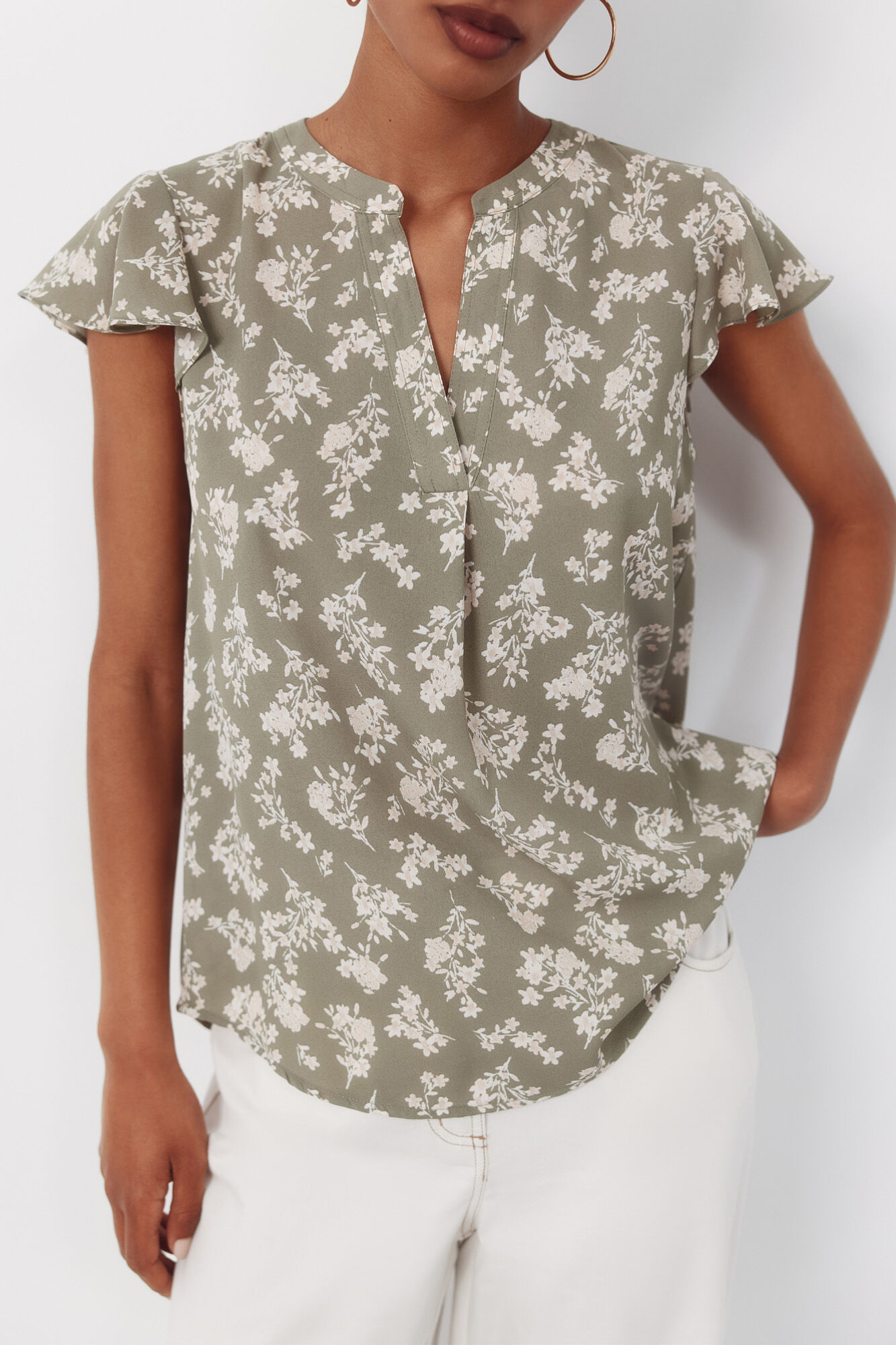 Cortefiel Blusa fluida de manga de vuelo Kaki