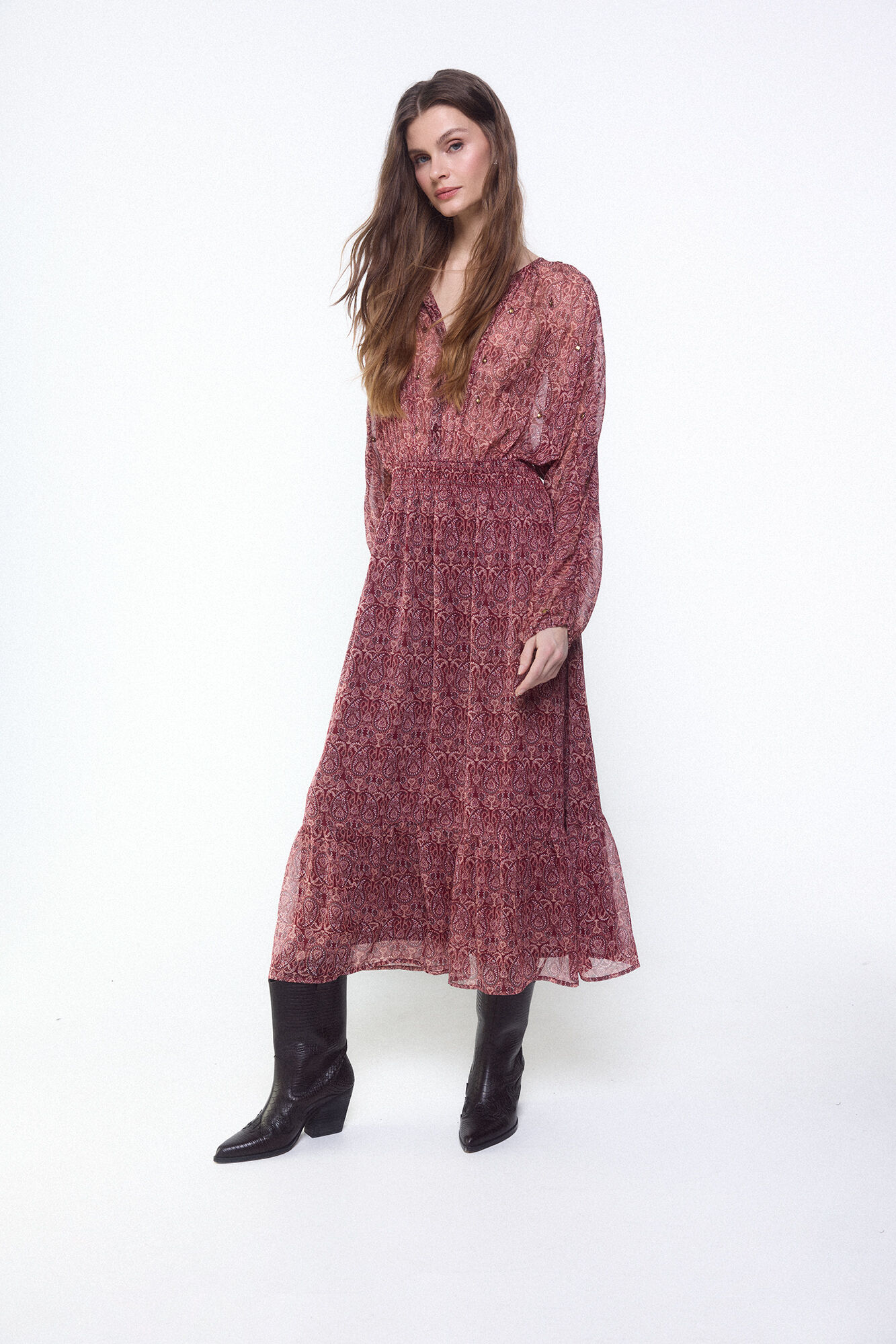 Slowlove Vestido estampado con bordados y pedrer&iacute;a