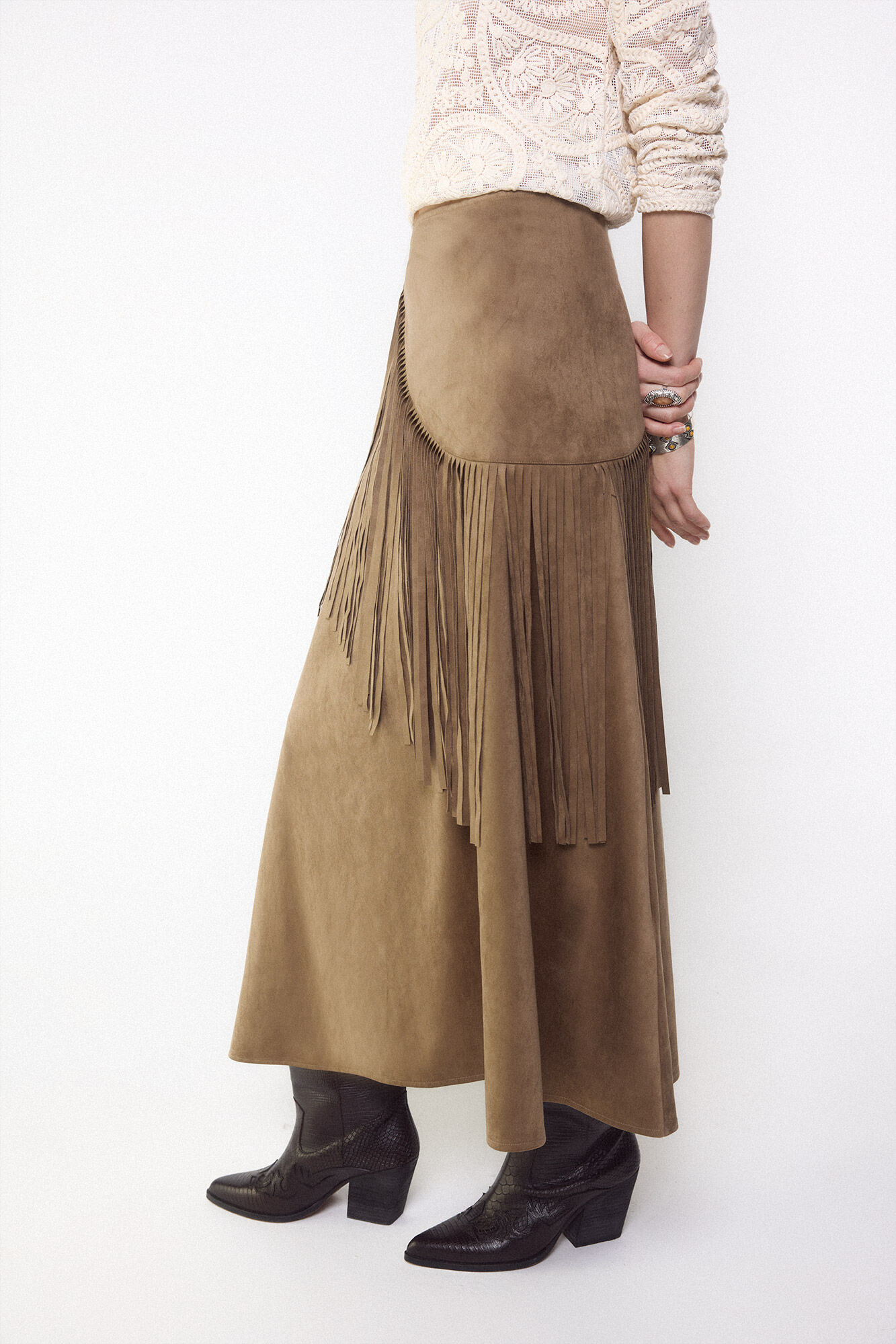 Slowlove Falda antelina con flecos Marr&oacute;n