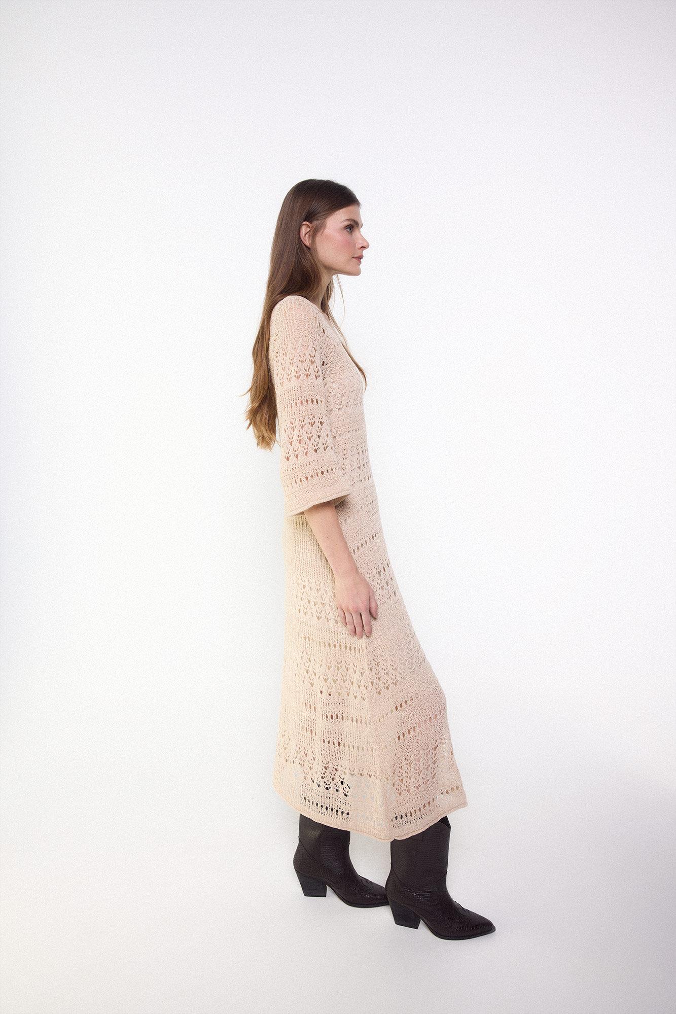 Slowlove Vestido de punto calado Arena