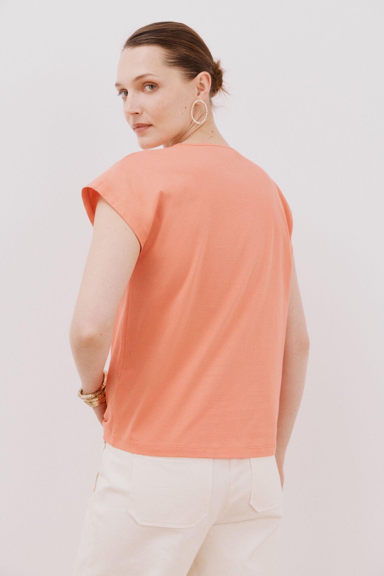 Cortefiel Playera cuello pico trenza Coral