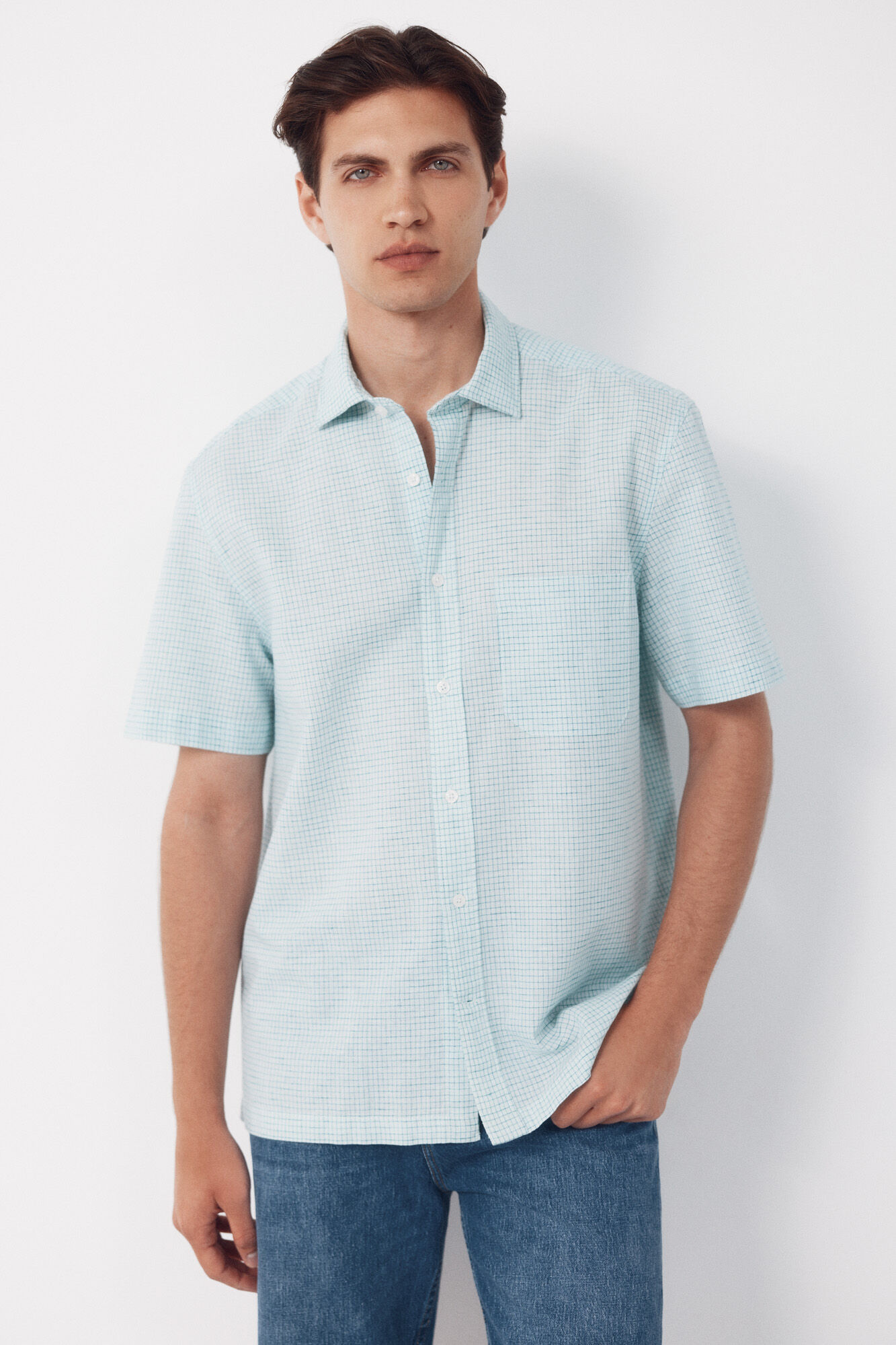 Cortefiel Camisa algod&oacute;n lino cuadros manga corta