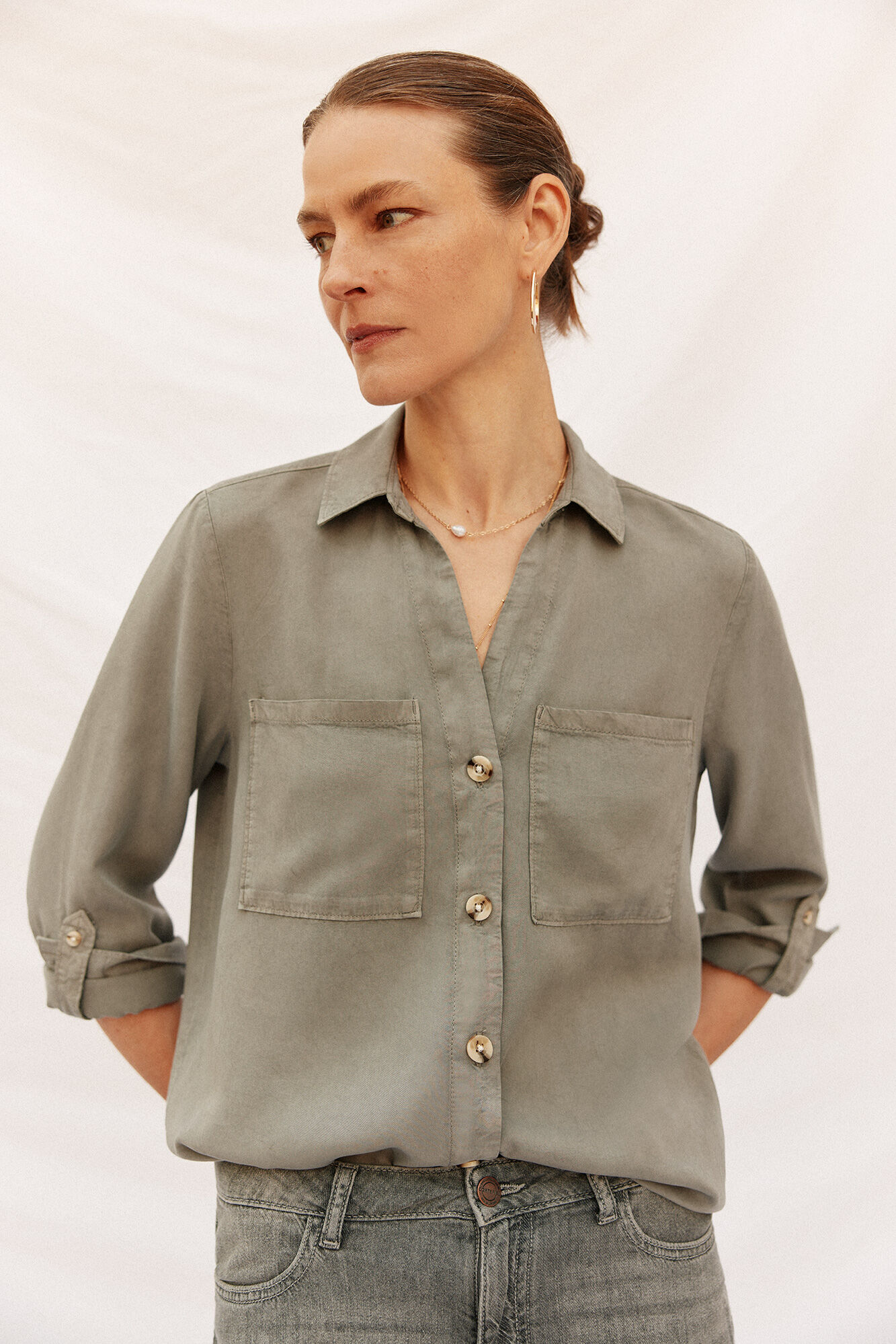 Cortefiel Camisa denim tencel Verde