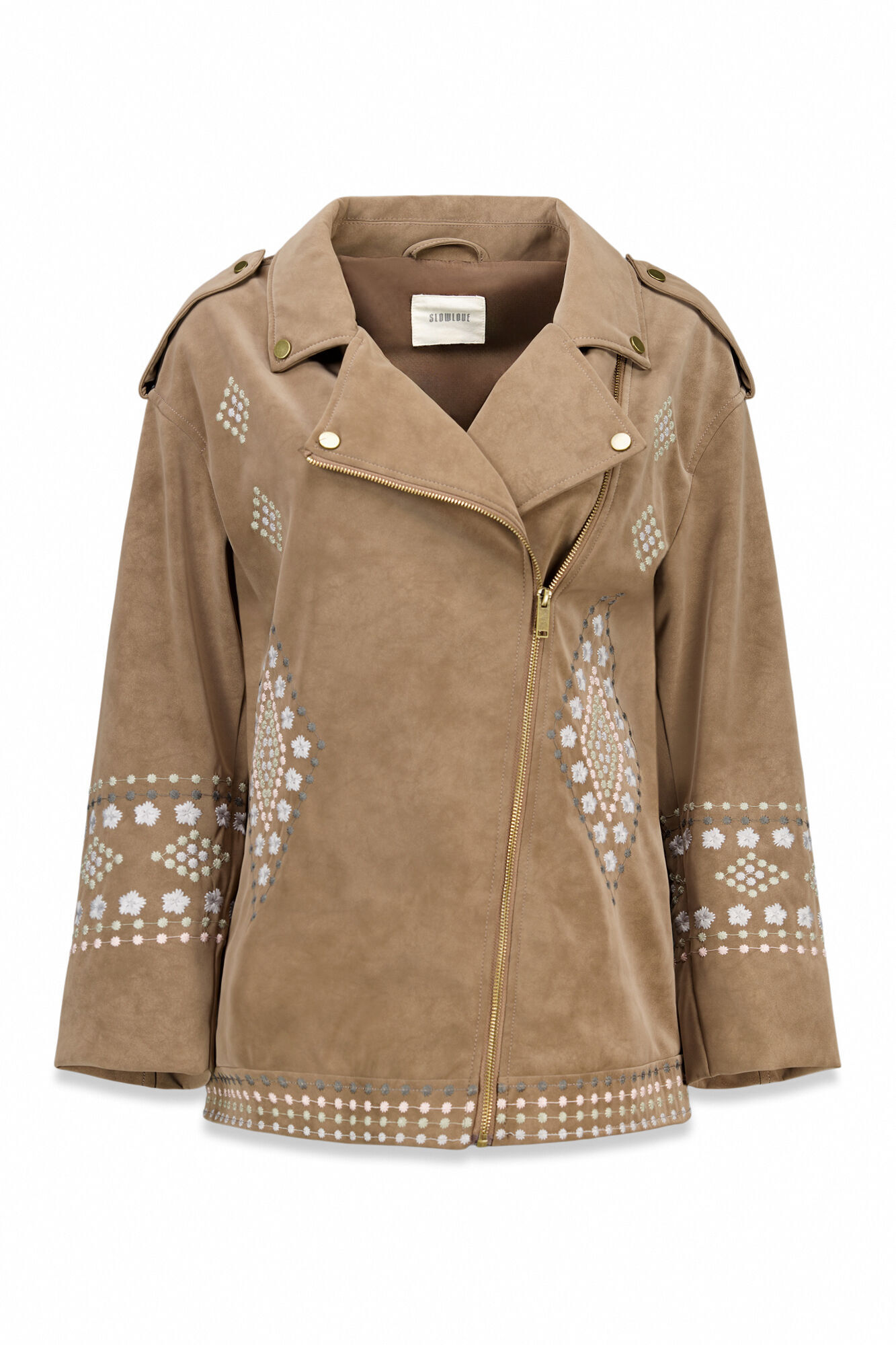 Slowlove Cazadora biker efecto piel bordada Beige