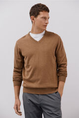 Cortefiel Suéter tejido fino algodón cuello pico Beige