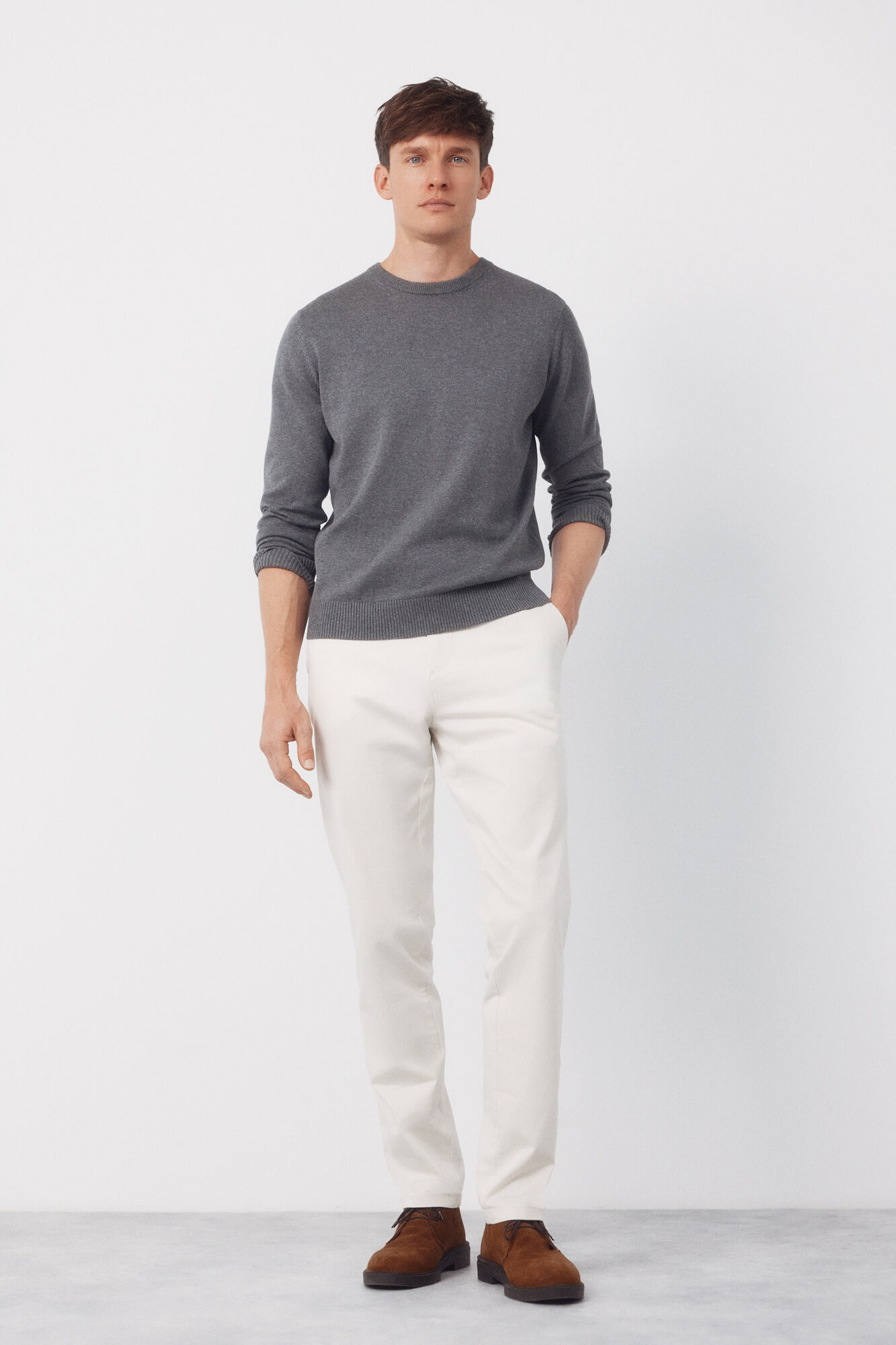 Cortefiel Jersey punto algod&oacute;n cuello redondo b&aacute;sico Gris