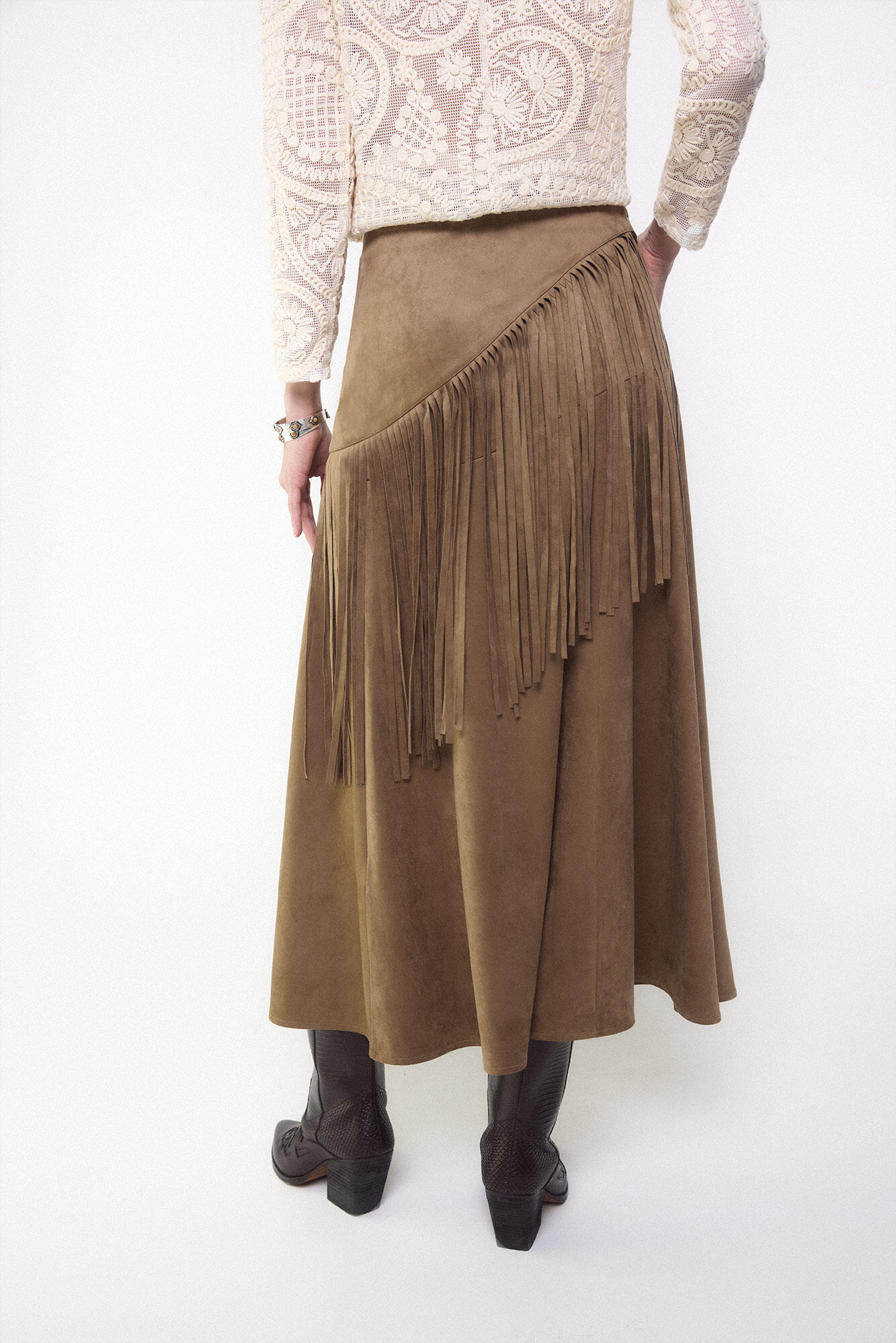 Slowlove Falda de ante sint&eacute;tico con flecos Marr&oacute;n