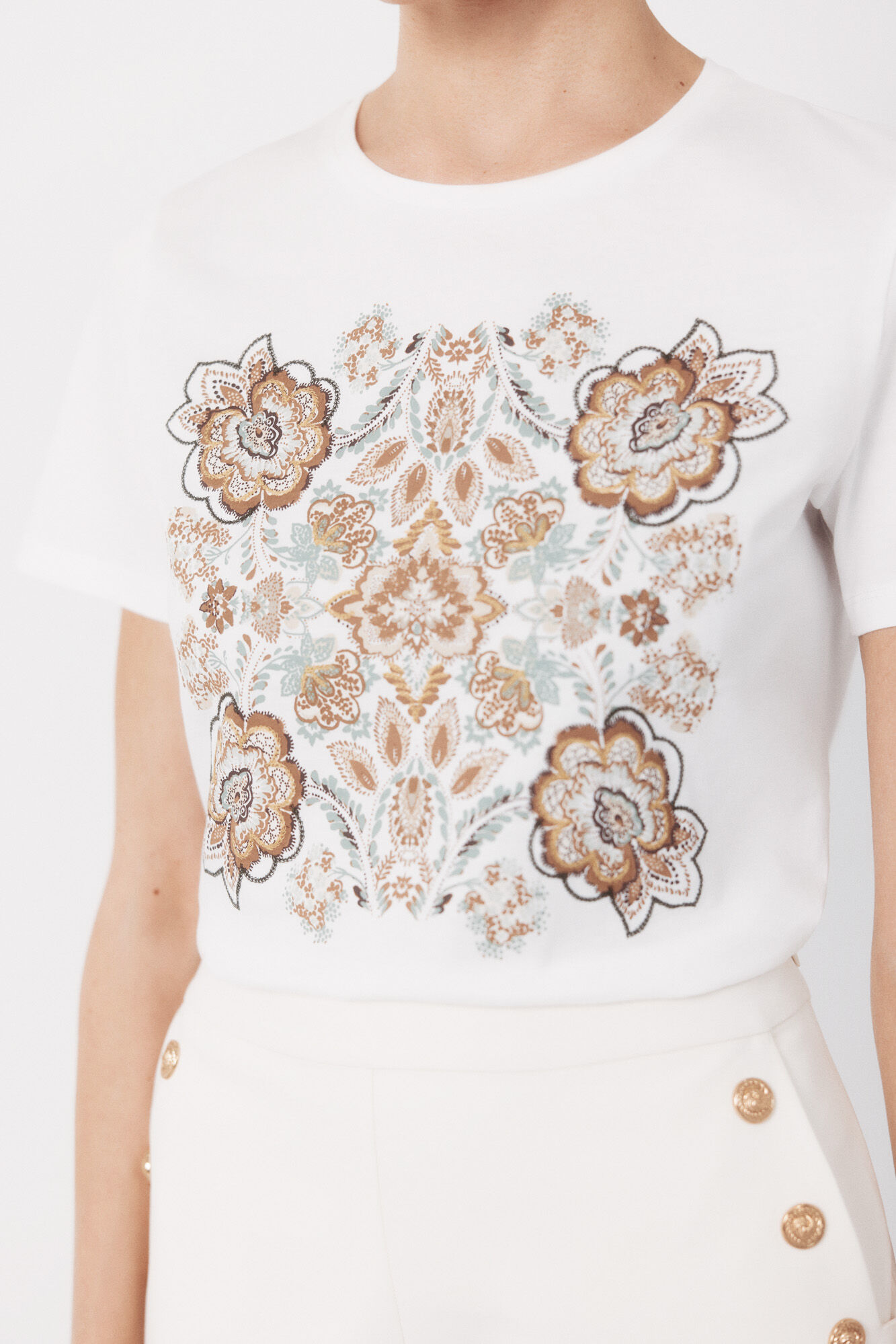 Cortefiel Playera estampada floral Marfil