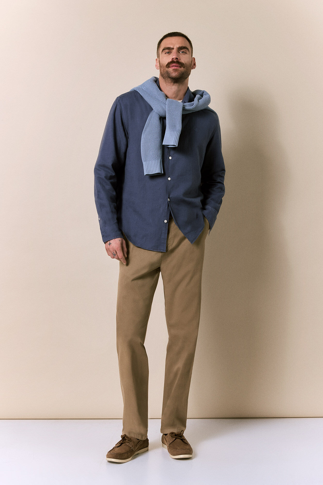 OOTO Camisa algod&oacute;n lino manga larga Azul