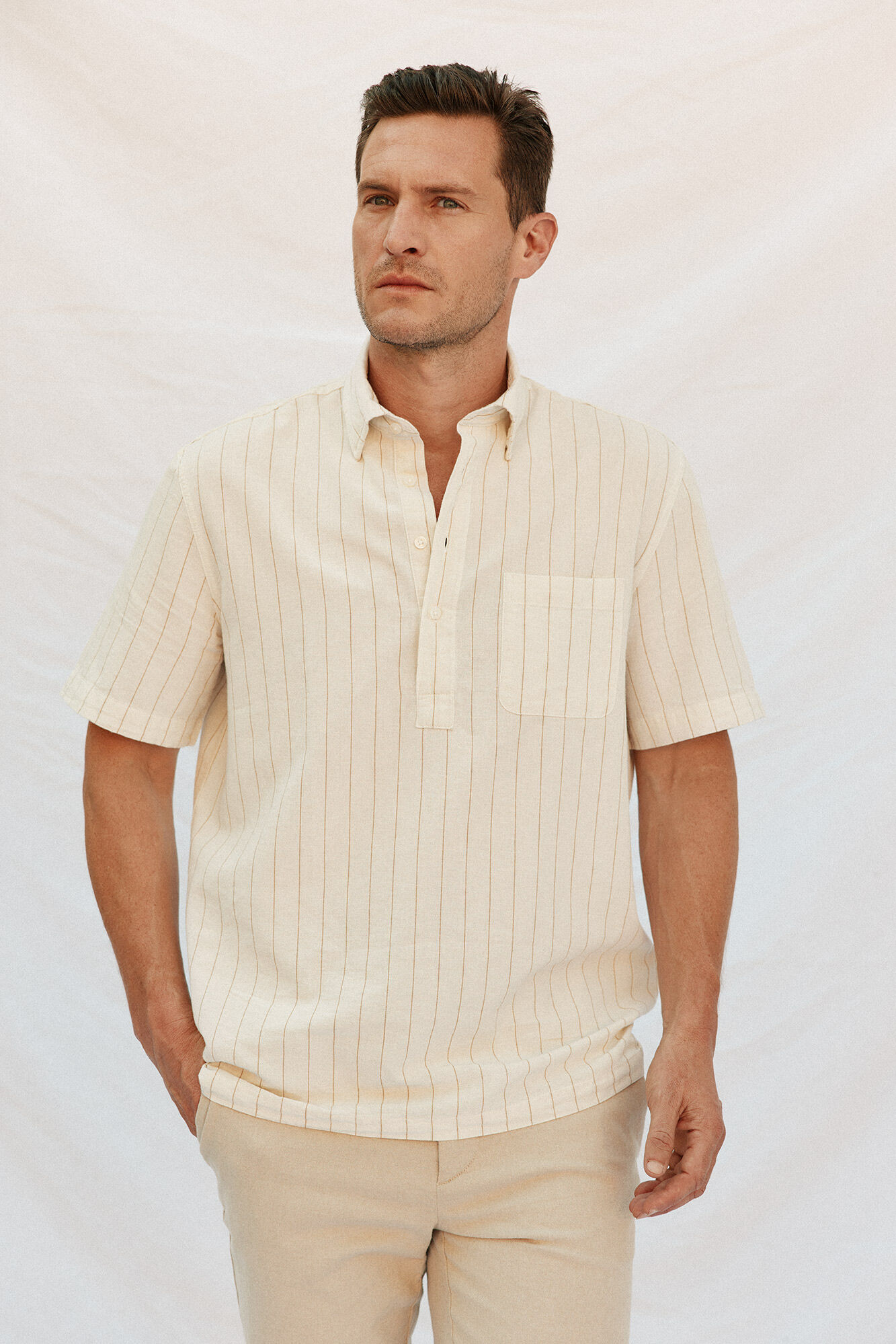 Cortefiel Polera rayas algod&oacute;n lino manga corta