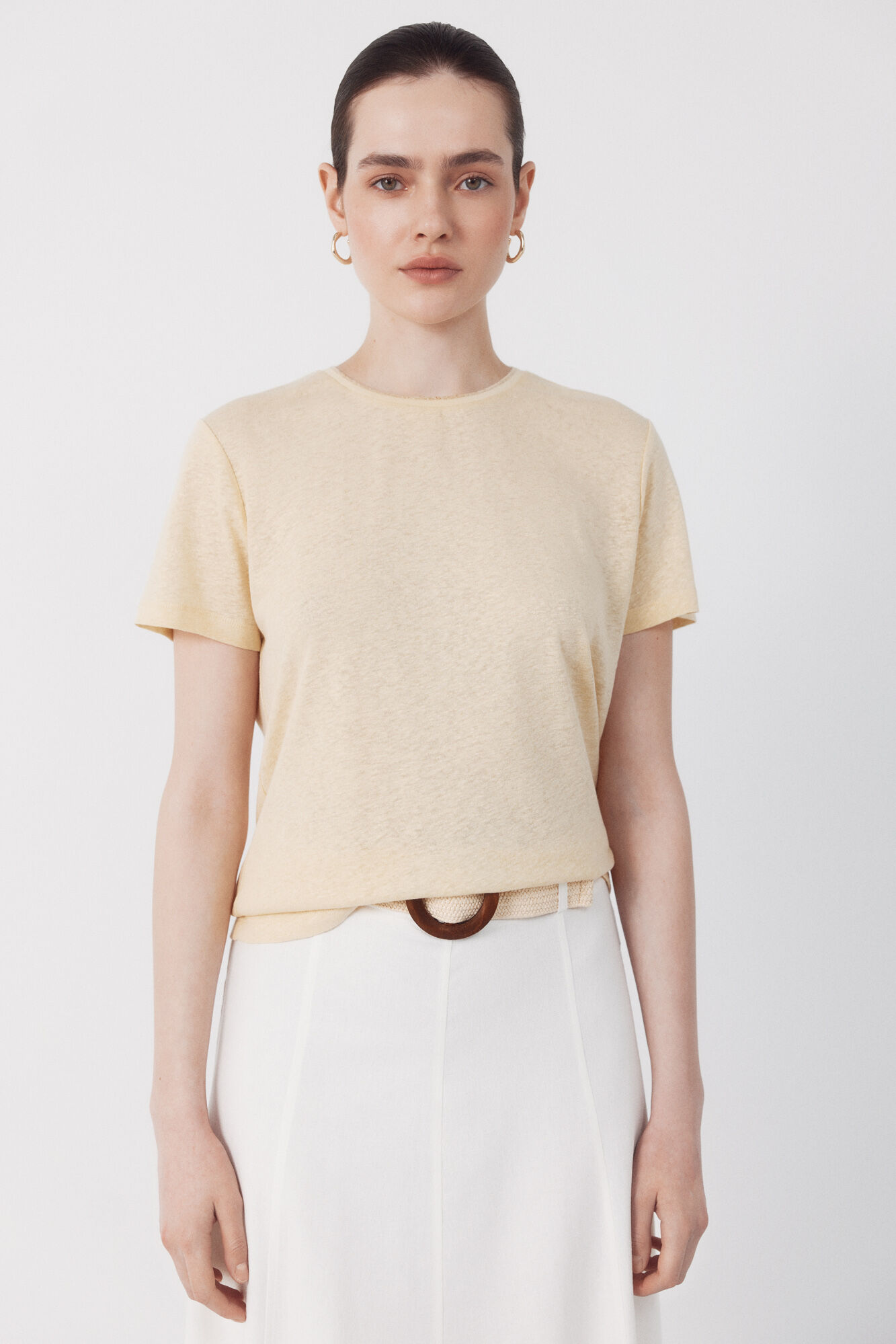 Cortefiel Playera de lino con escote lurex Amarillo
