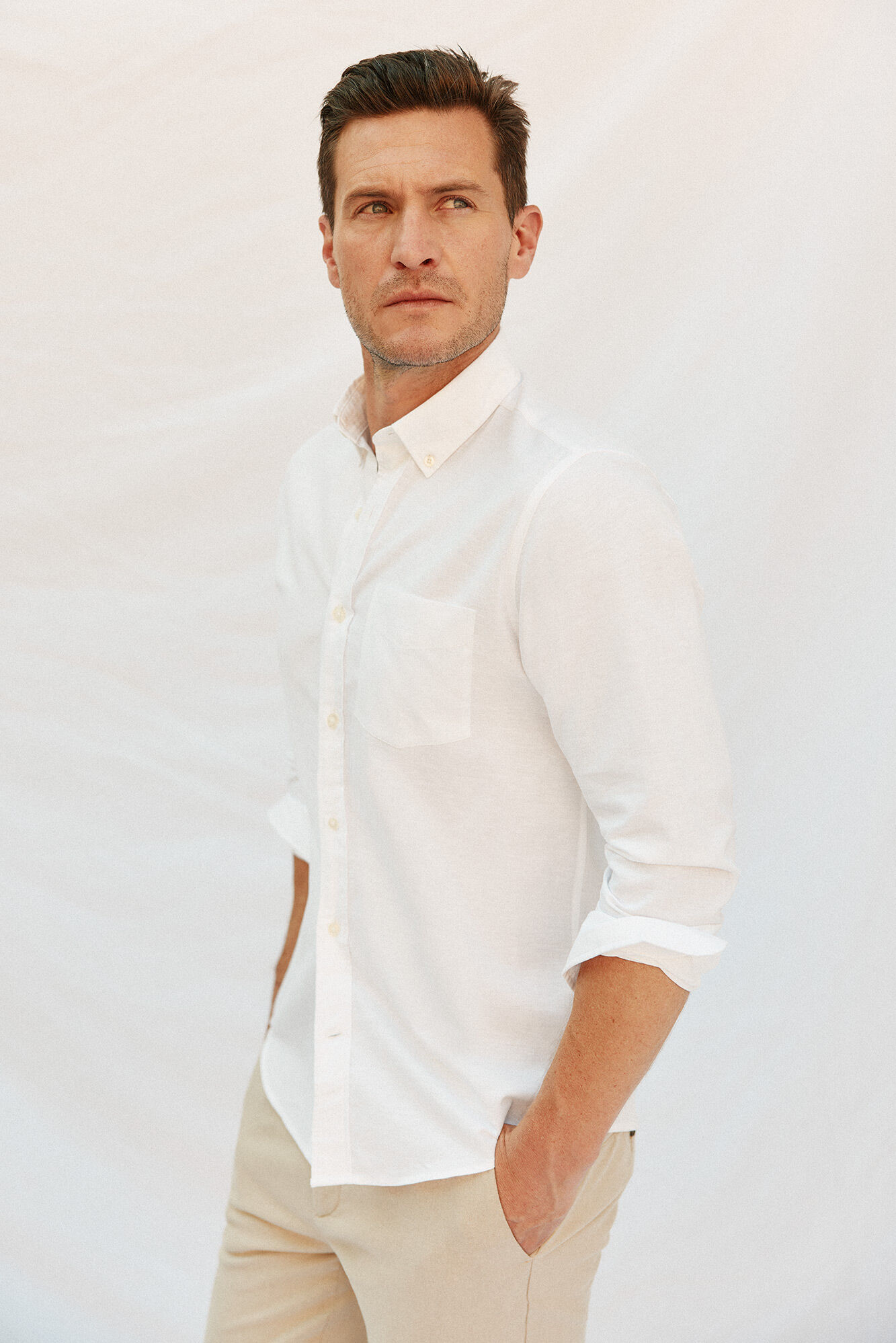 Cortefiel Camisa lino algod&oacute;n liso Blanco