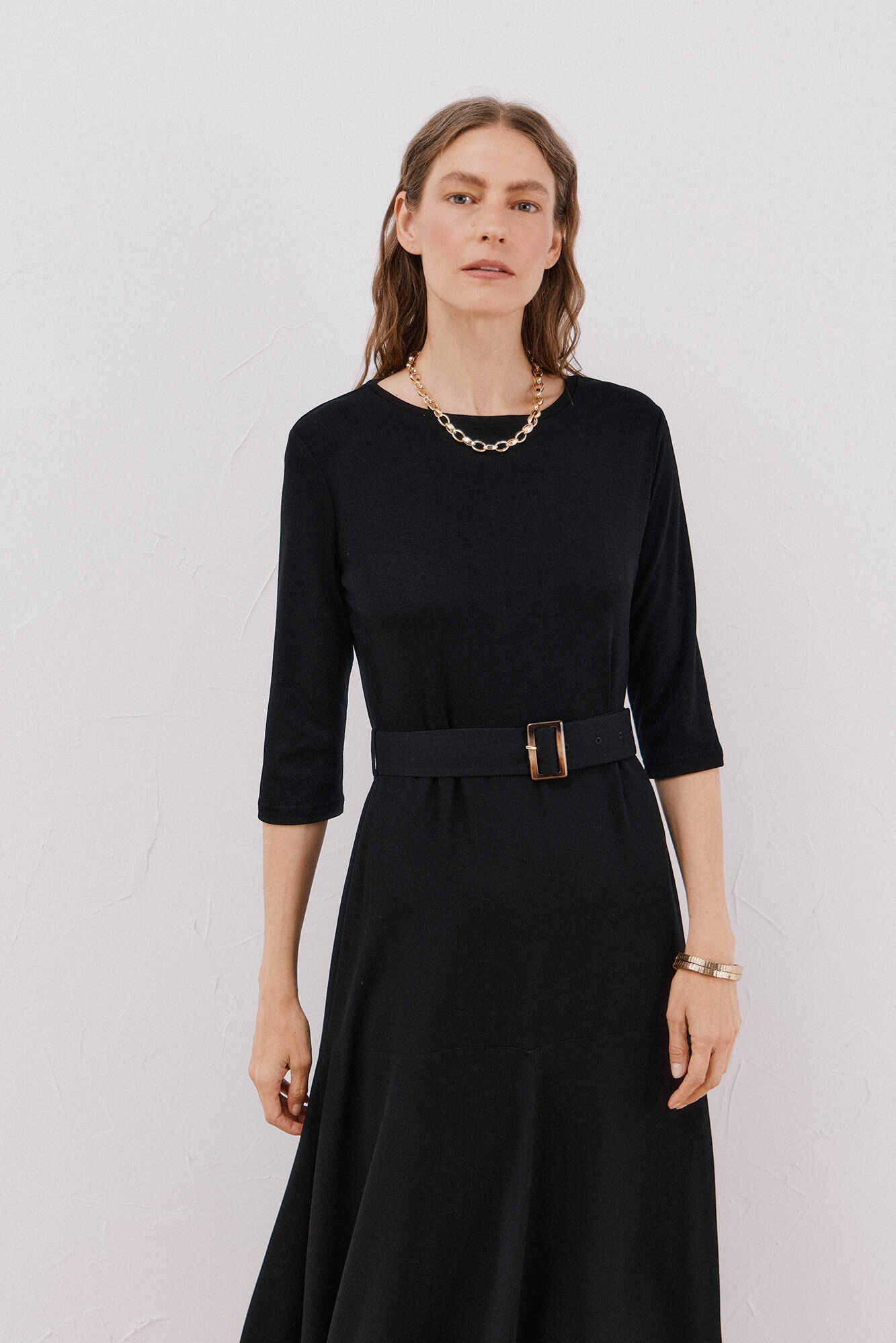 Cortefiel Vestido combinado cintur&oacute;n Negro