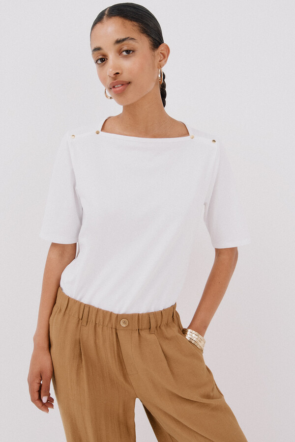 Cortefiel Playera básica escote barco Blanco