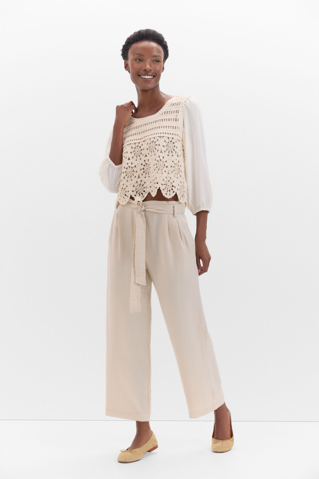 Cortefiel Blusa combinada crochet Blanco