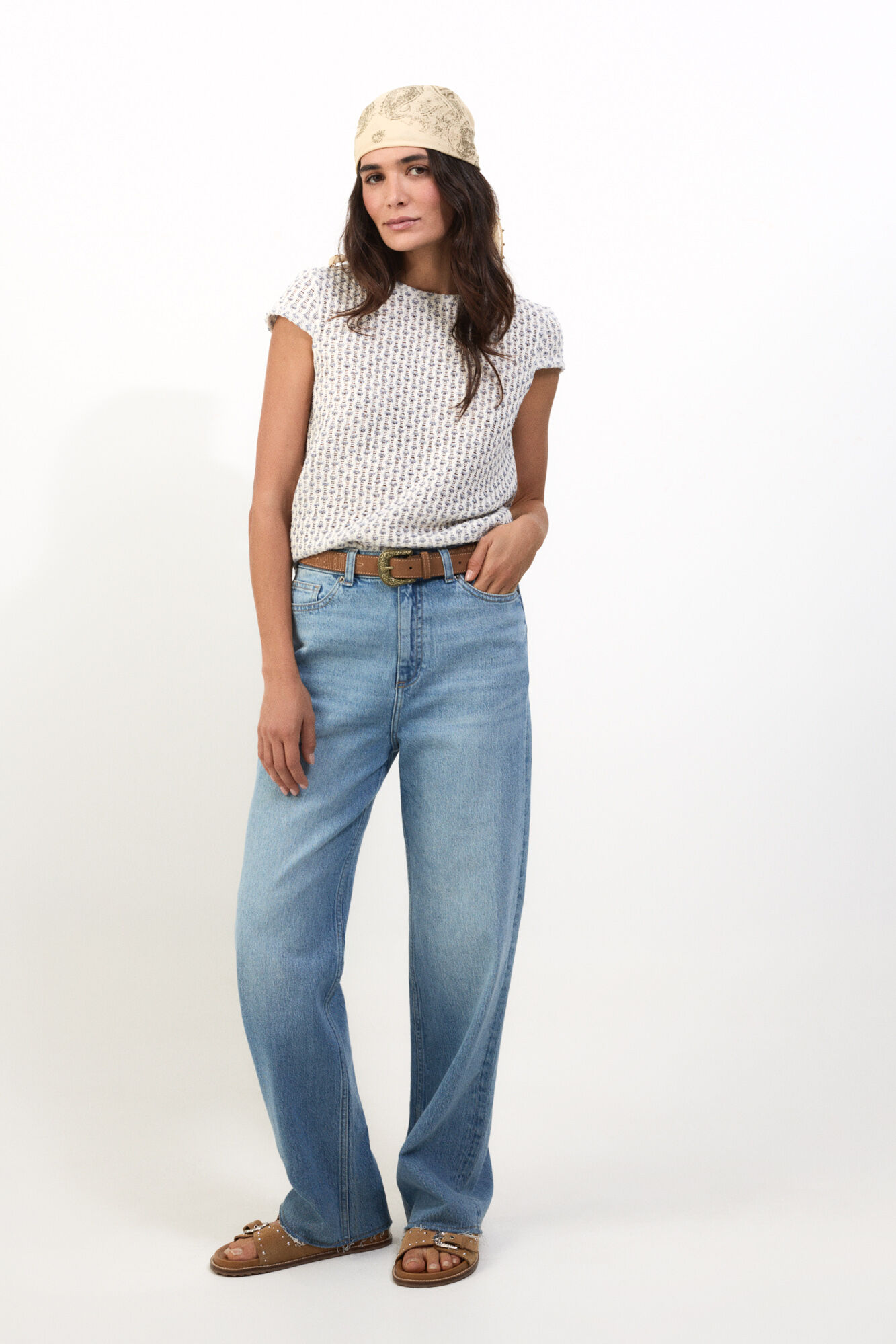 Slowlove Top de manga corta de crochet Marfil