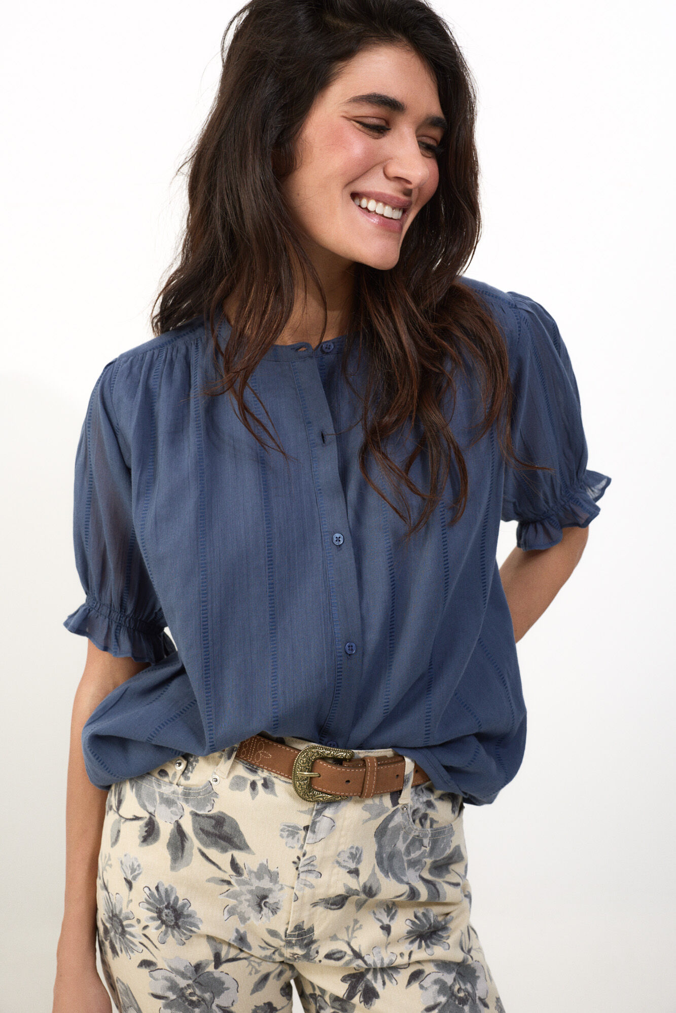 Slowlove Blusa fluida dobby Azul