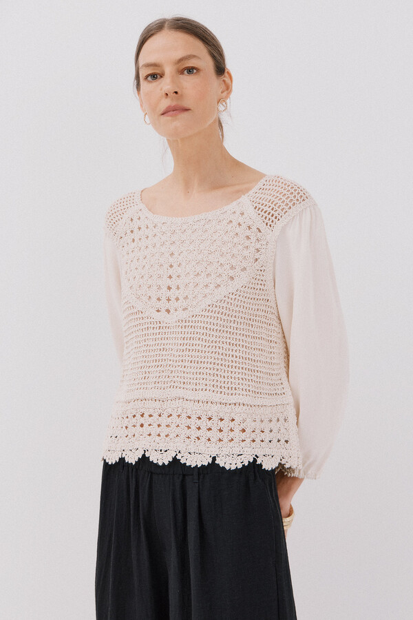 Cortefiel Blusa combinada crochet Blanco