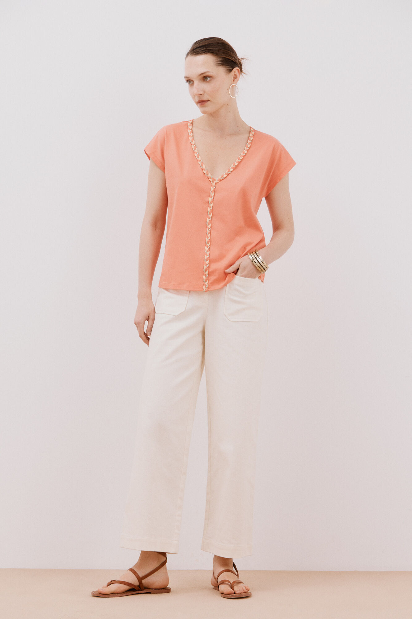 Cortefiel Playera cuello pico trenza Coral