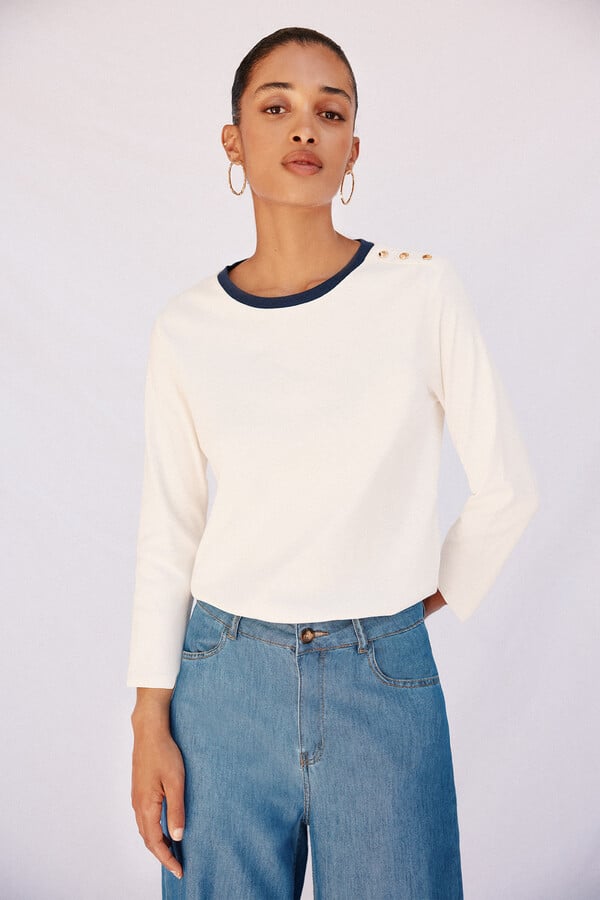 Cortefiel Playera básica botones dorados Marfil