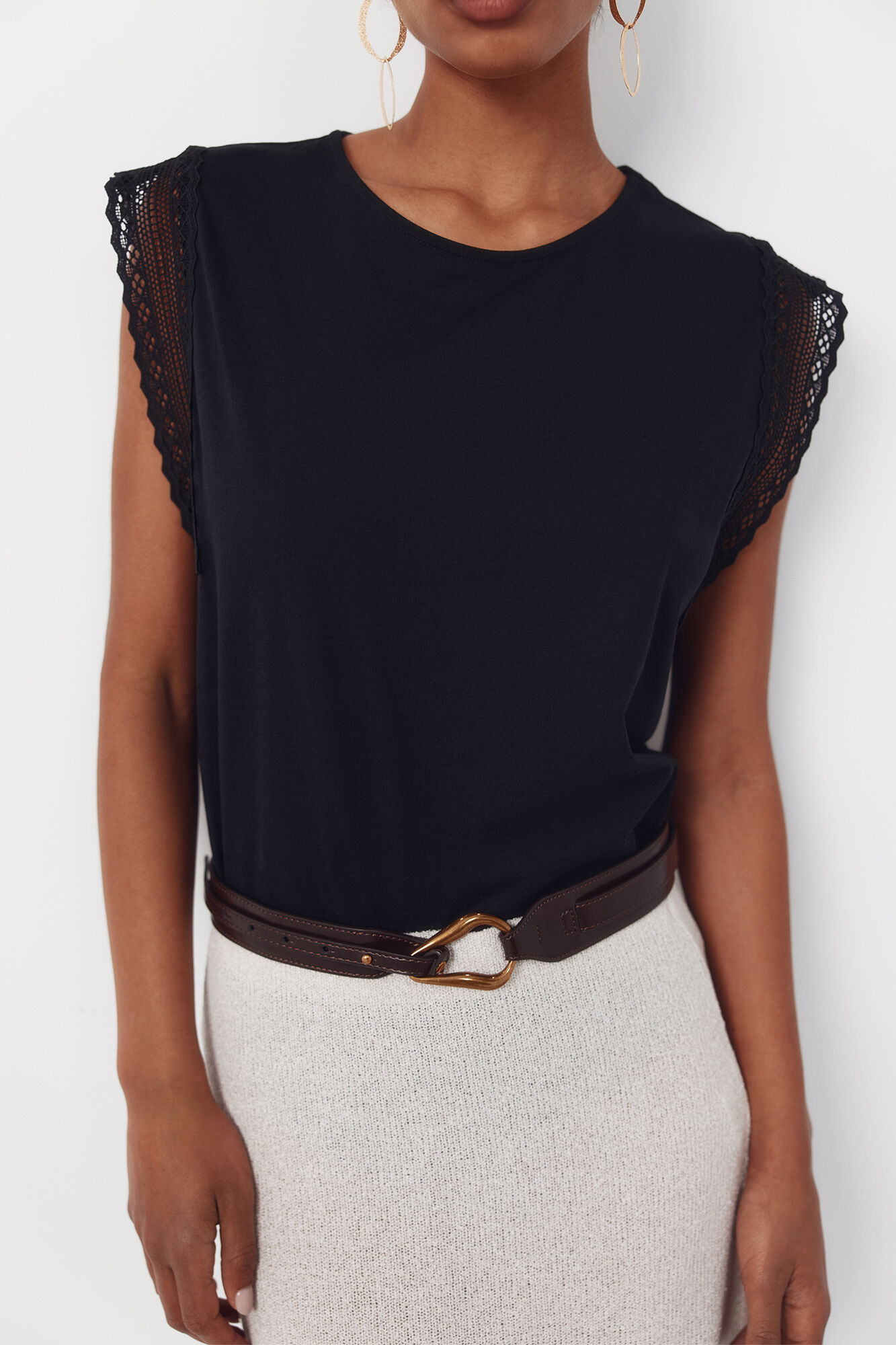 Cortefiel Playera manga guipur Negro