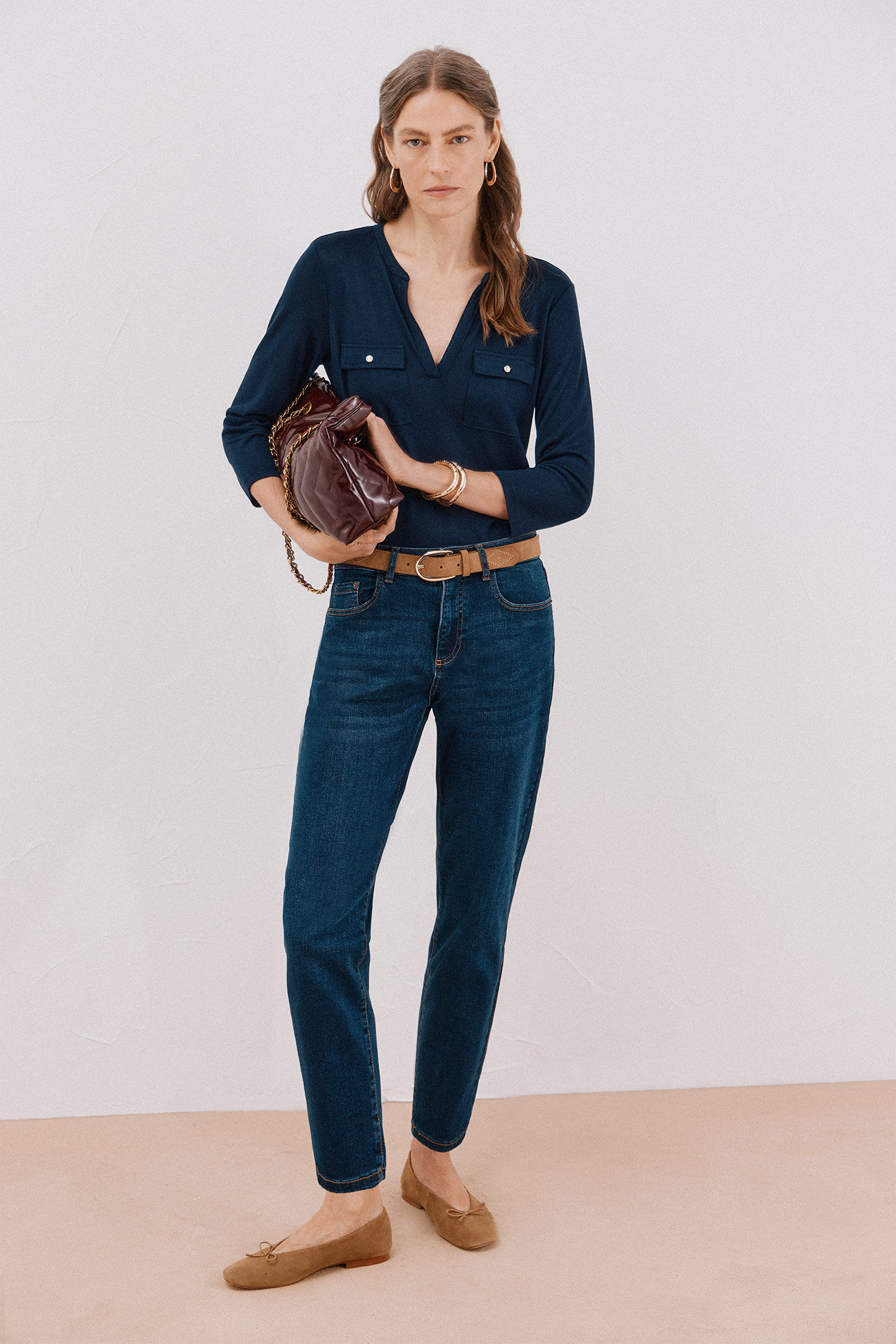 Cortefiel Playera cuello mao efecto lino Azul marino