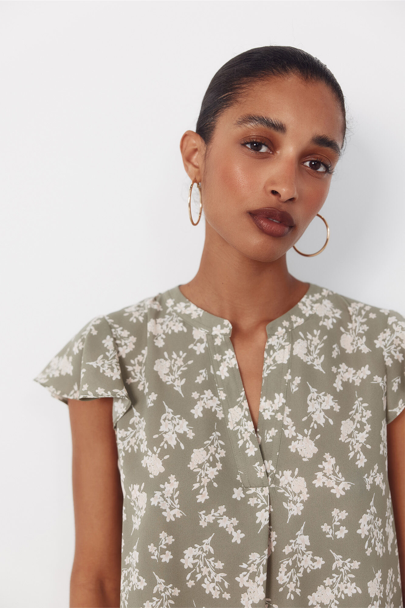 Cortefiel Blusa fluida de manga de vuelo Kaki
