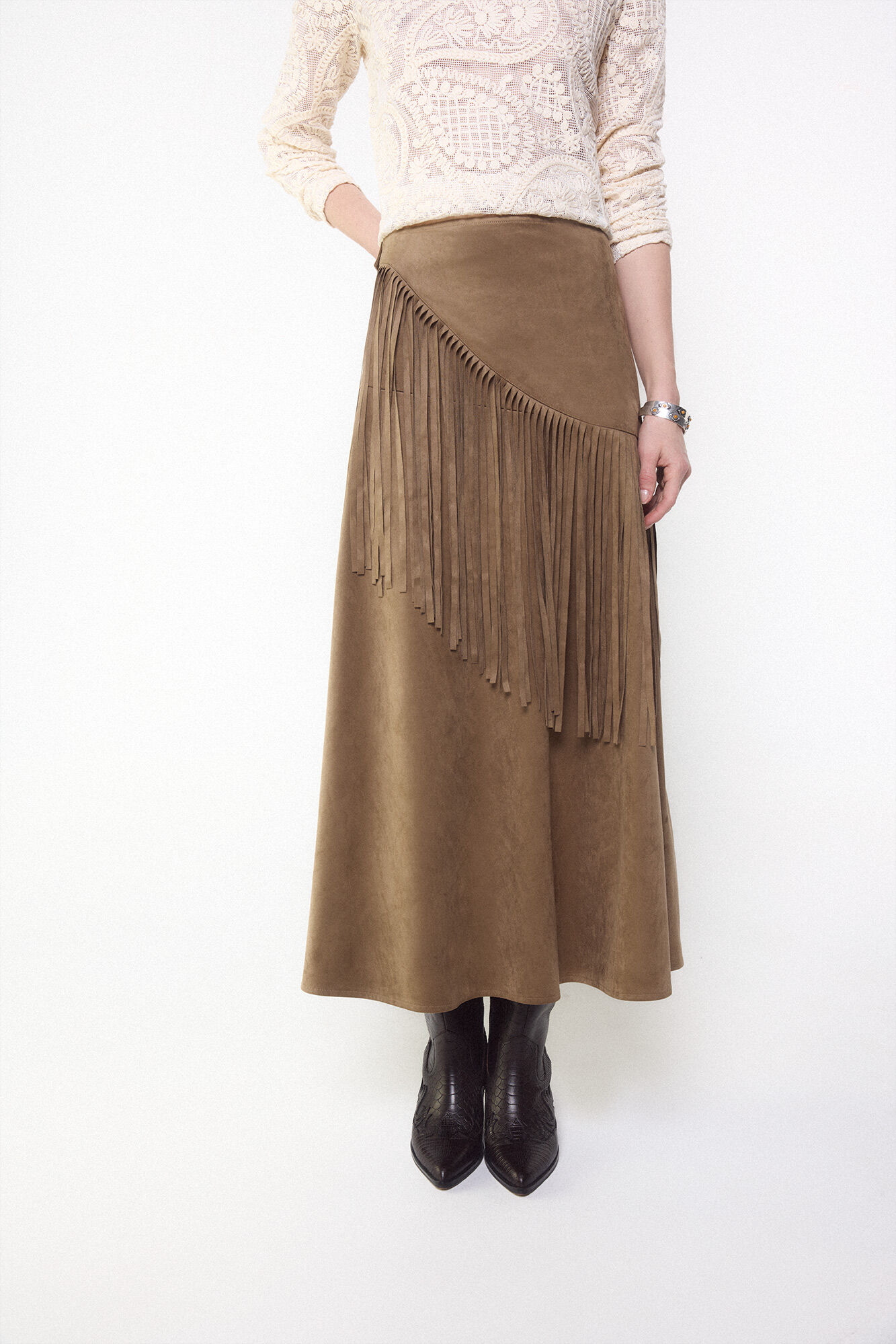 Slowlove Falda de ante sint&eacute;tico con flecos