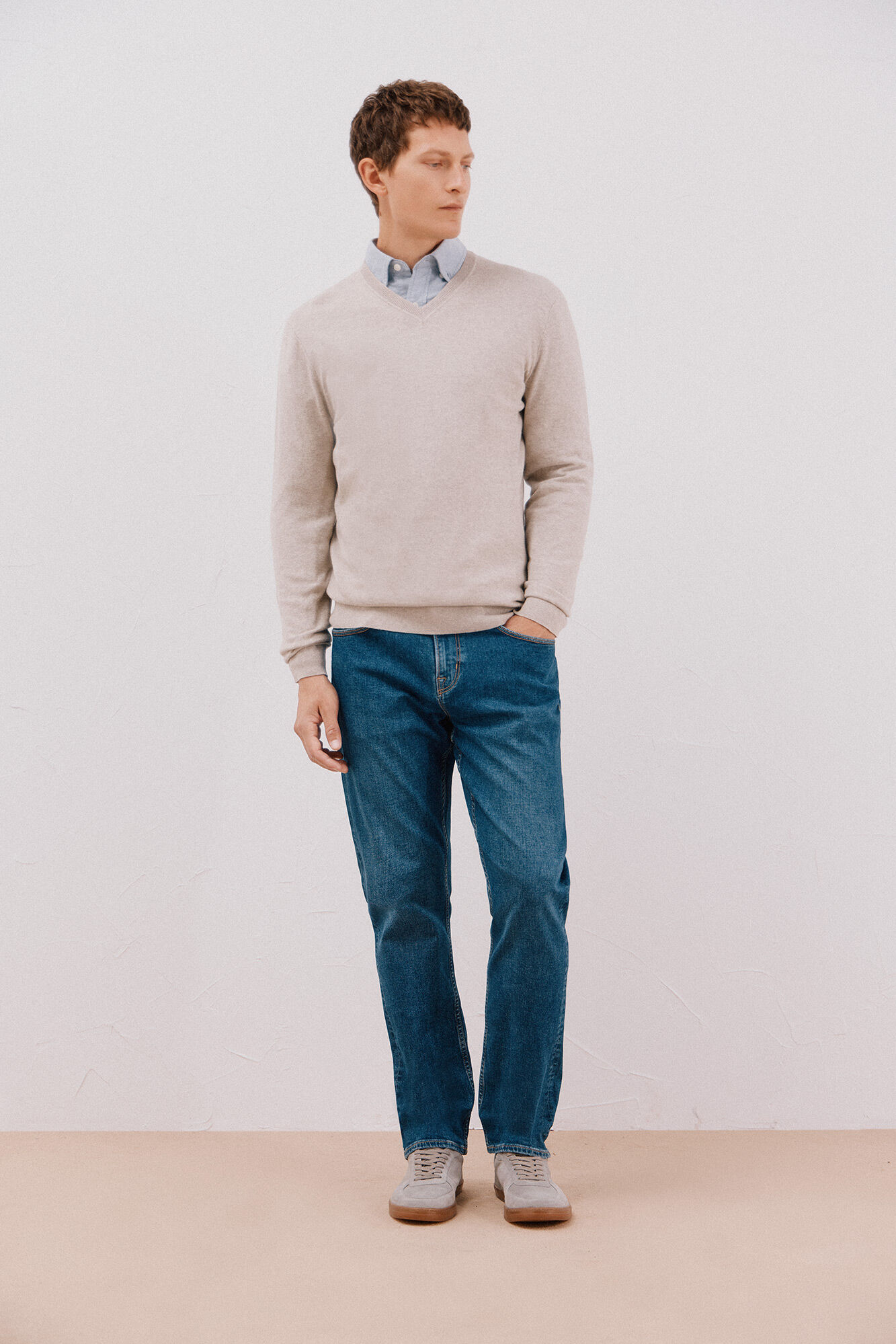 Cortefiel Su&eacute;ter algod&oacute;n cashmere cuello pico Beige