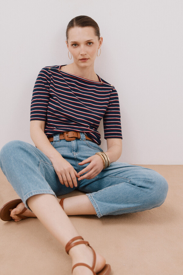 Cortefiel Playera básica escote barco Estampado azul