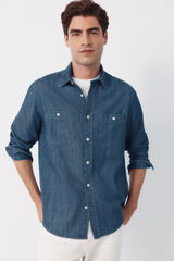 Cortefiel Camisa vaquera chambray manga larga&nbsp; Azul marino