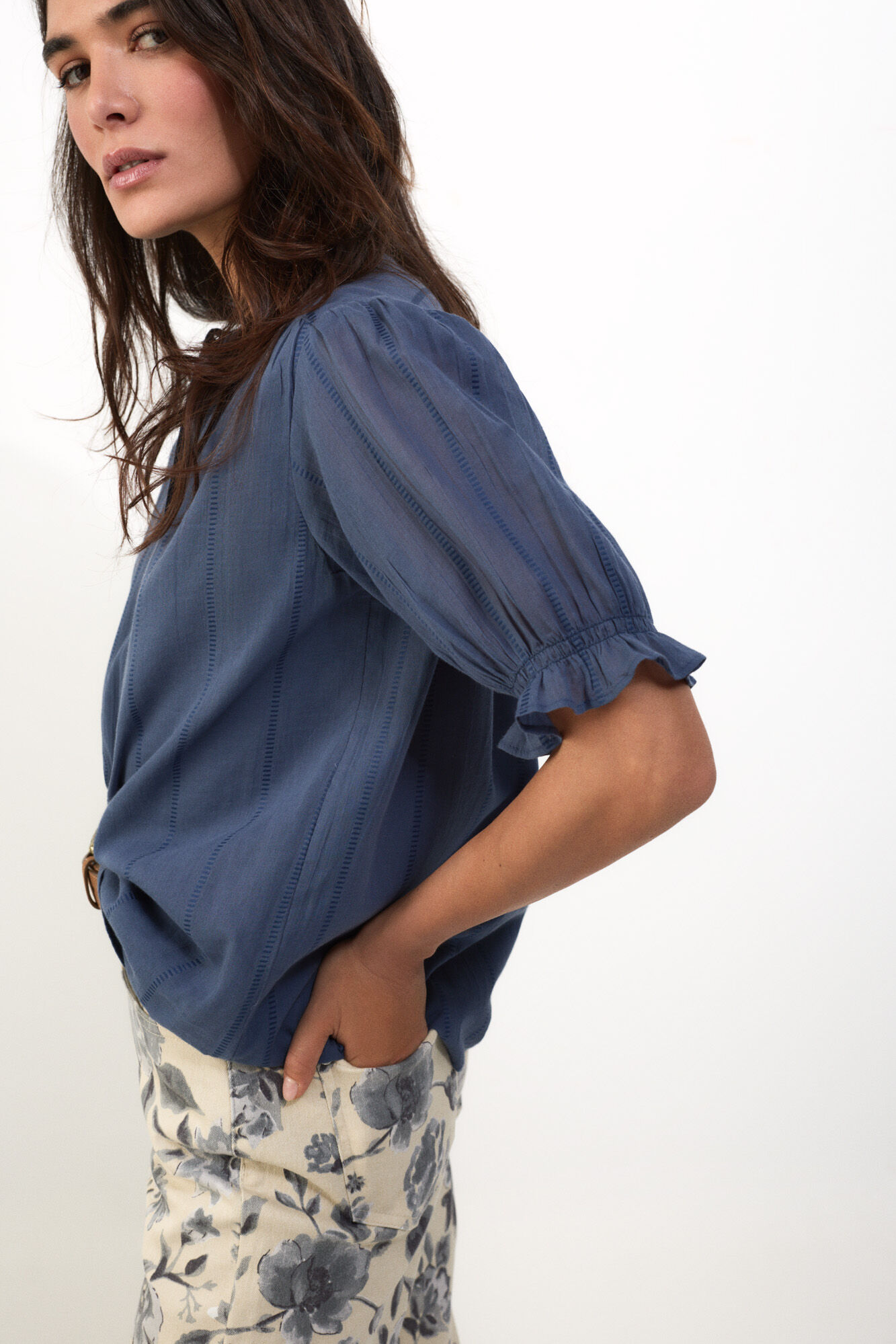 Slowlove Blusa fluida dobby Azul