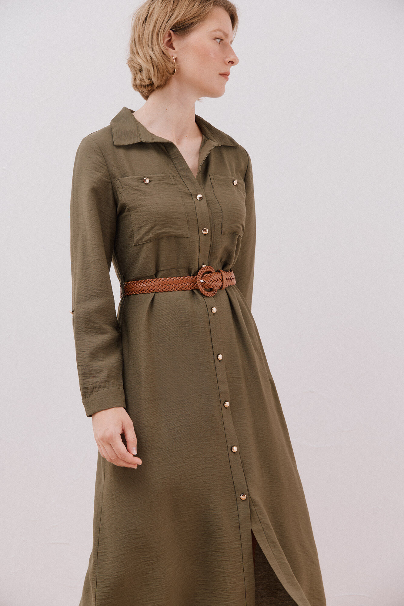 Cortefiel Vestido camisero cintur&oacute;n Kaki