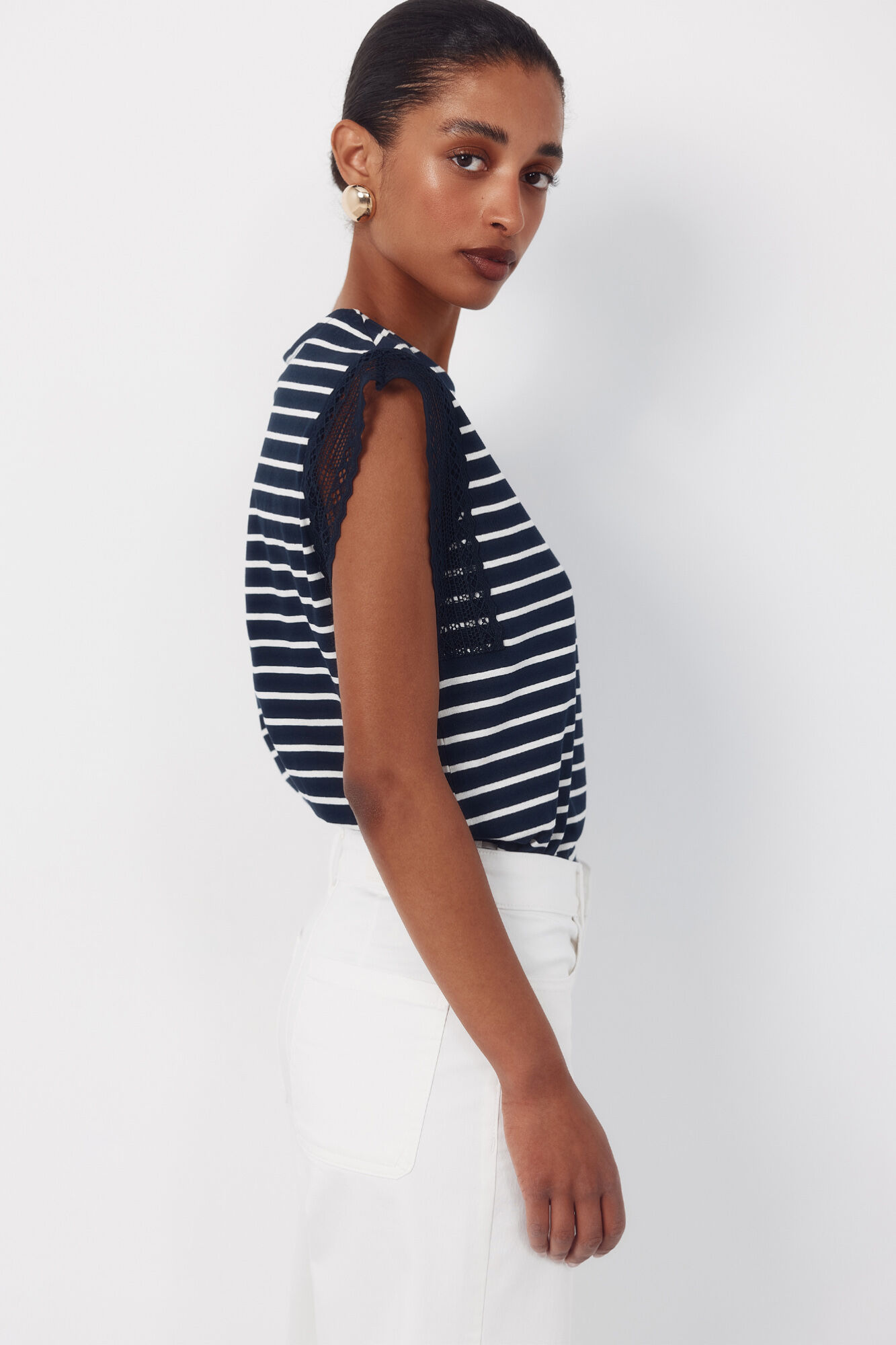 Cortefiel Playera manga guipur Azul