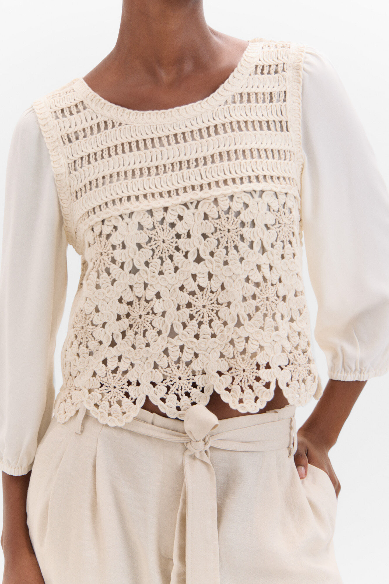 Cortefiel Blusa combinada crochet Blanco