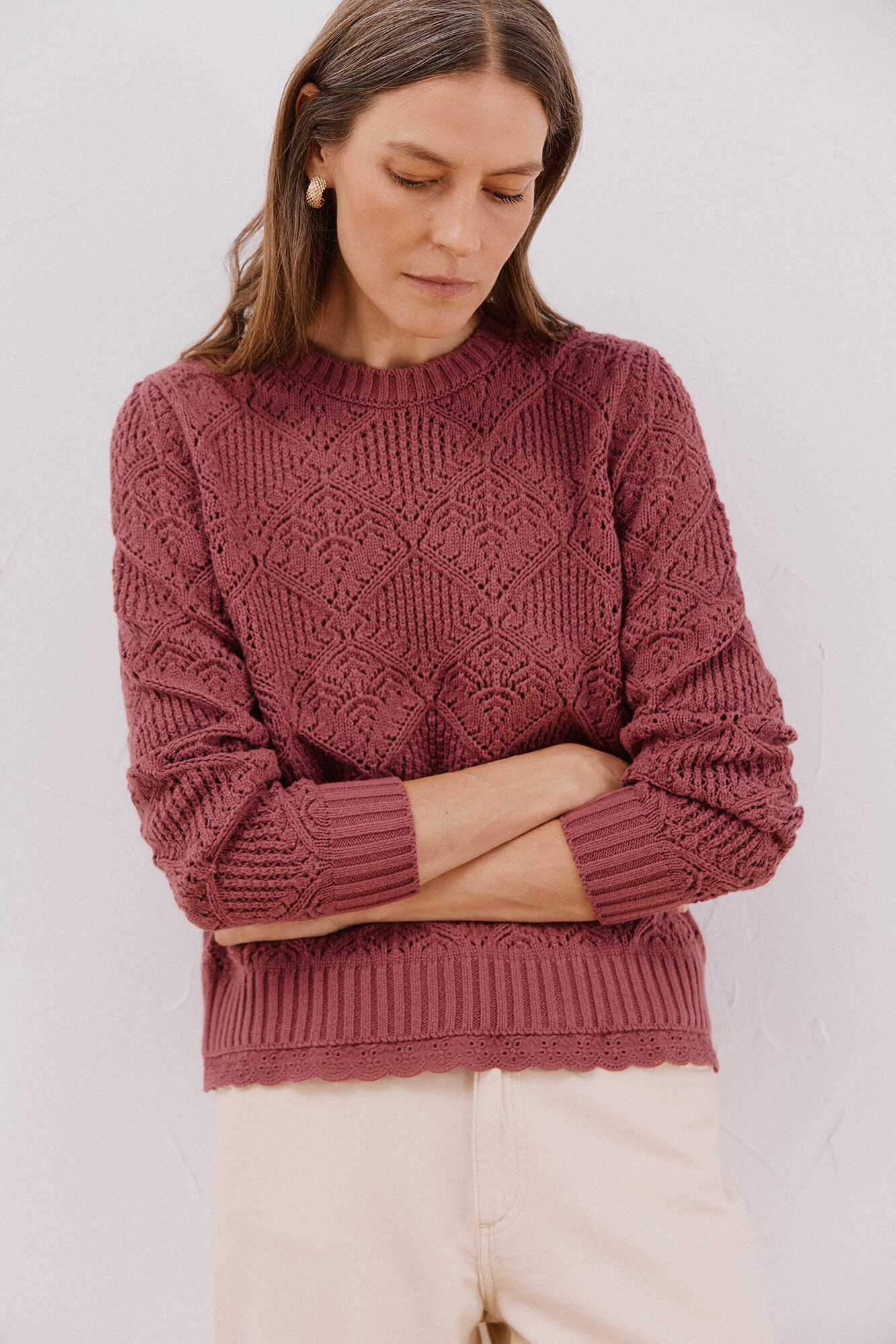 Cortefiel Su&eacute;ter calado combinado Vino