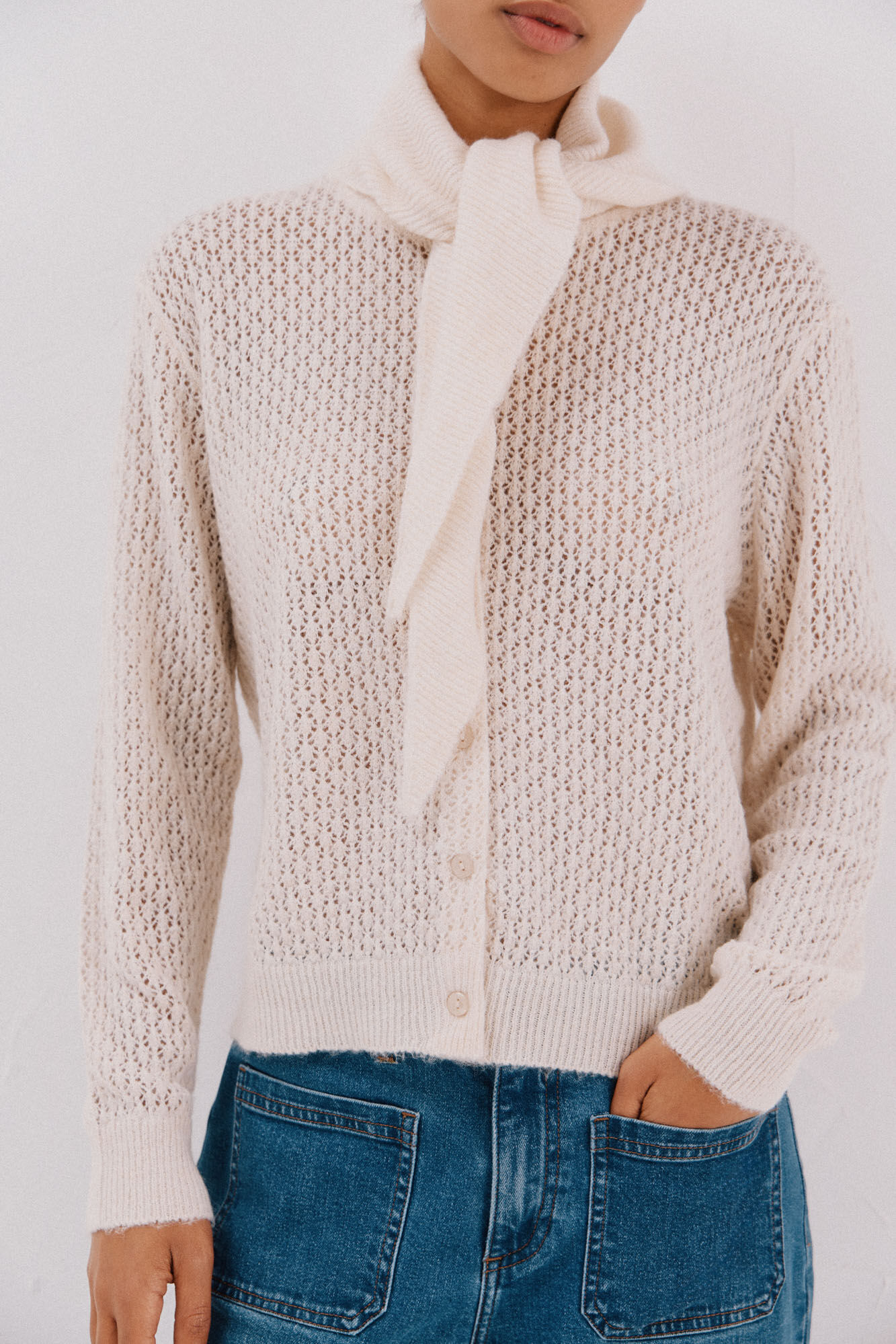 Cortefiel Chaqueta pa&ntilde;uelo tejido Marfil